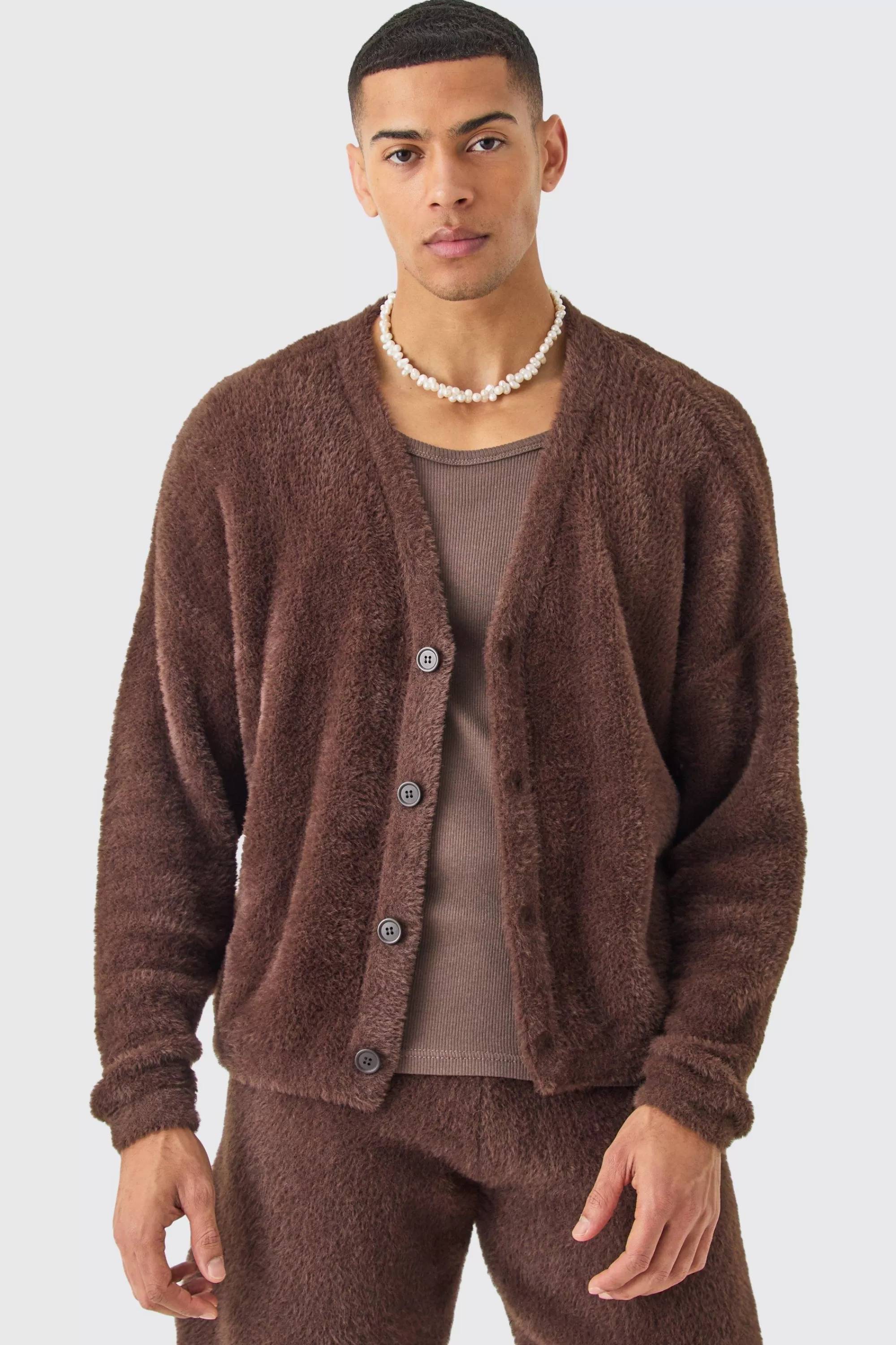 boohooMAN Fluffy Knit Cardigan In | UK