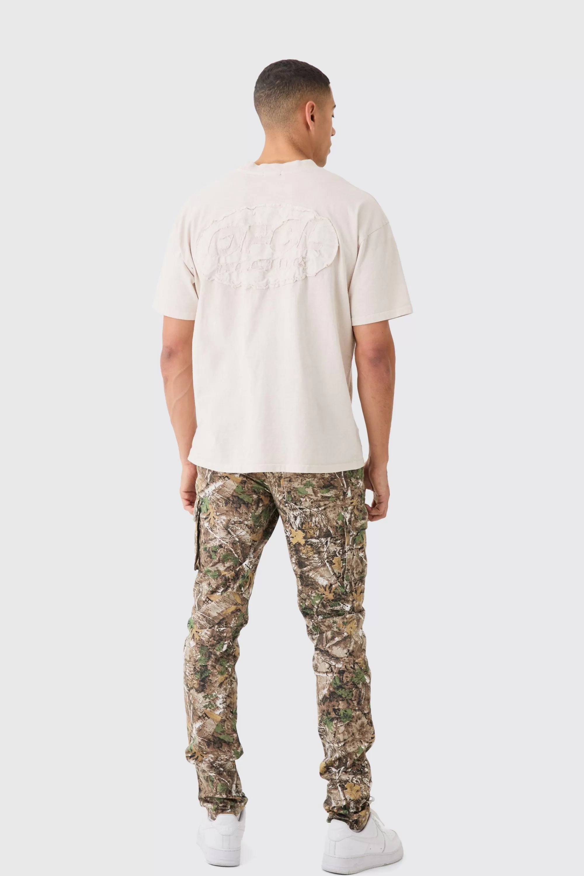 boohooMAN Forest Camo Slim Stacked Multi Cargo Trouser | UK