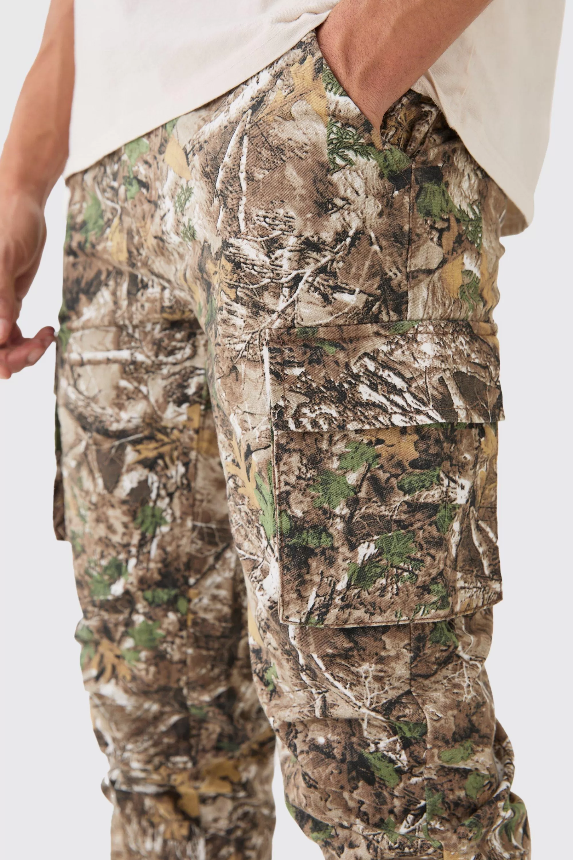 boohooMAN Forest Camo Slim Stacked Multi Cargo Trouser | UK