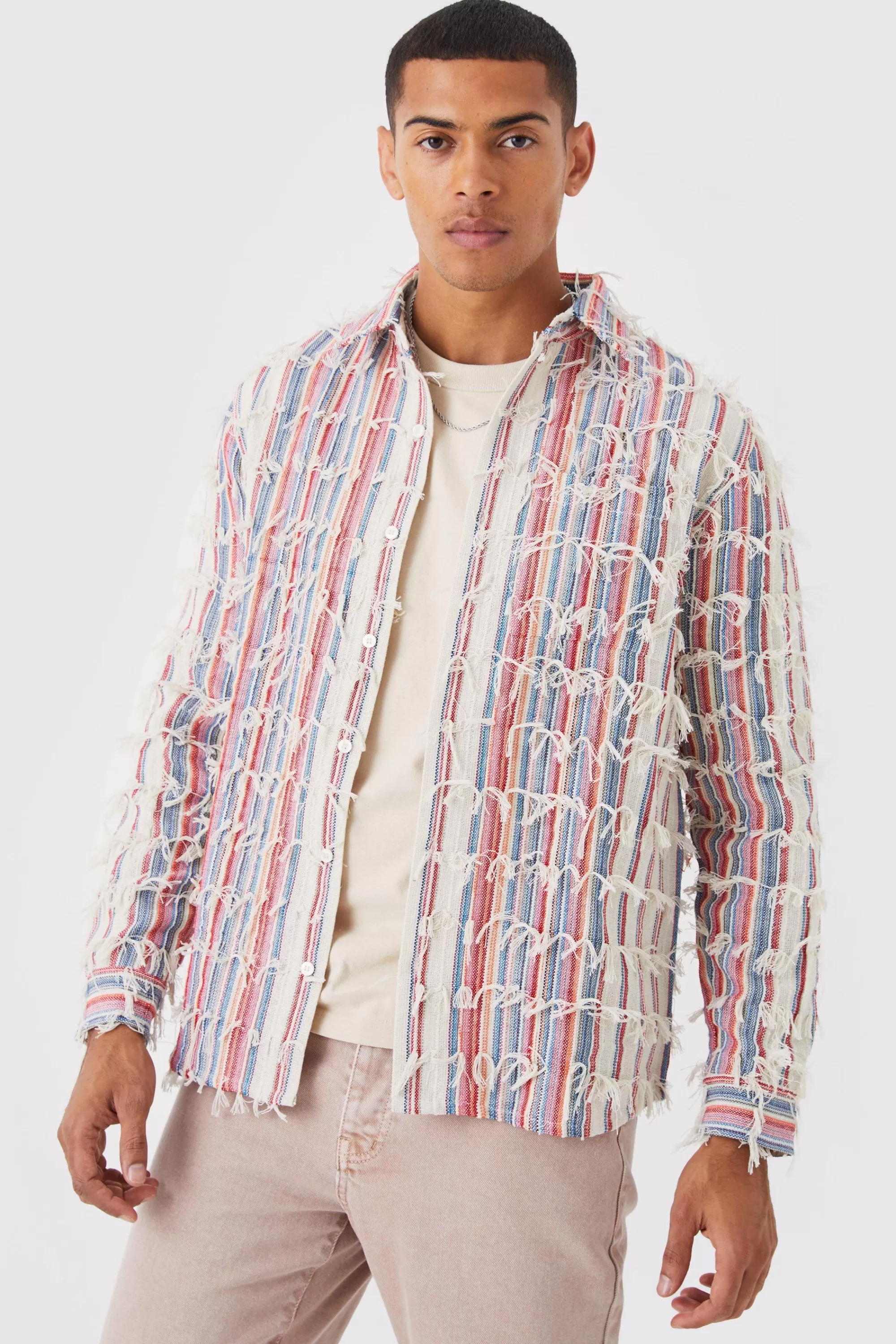 boohooMAN Fringe Textured Coloured Overshirt | UK