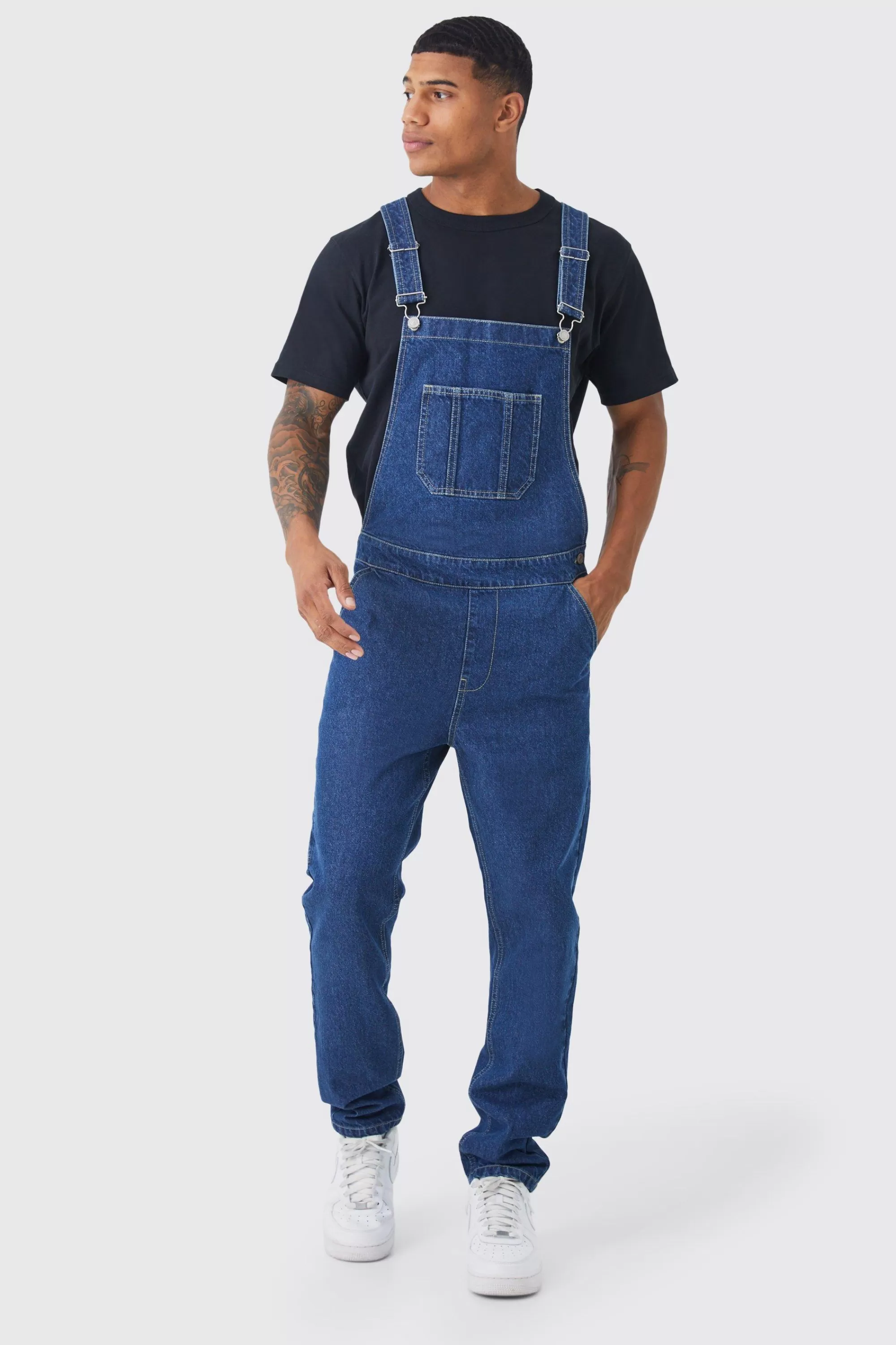 boohooMAN Full Length Denim Dungarees | UK