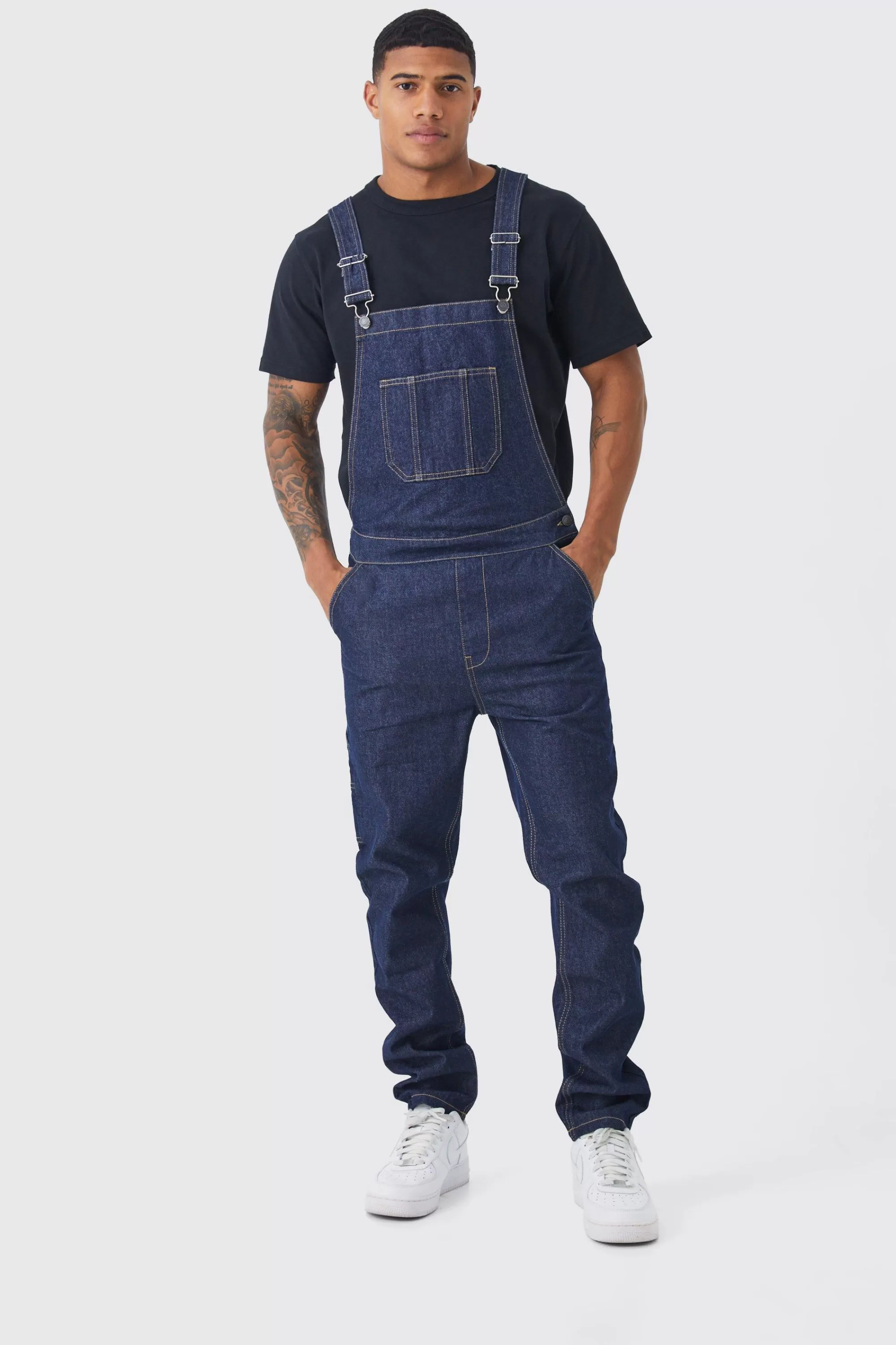 boohooMAN Full Length Denim Dungarees | UK