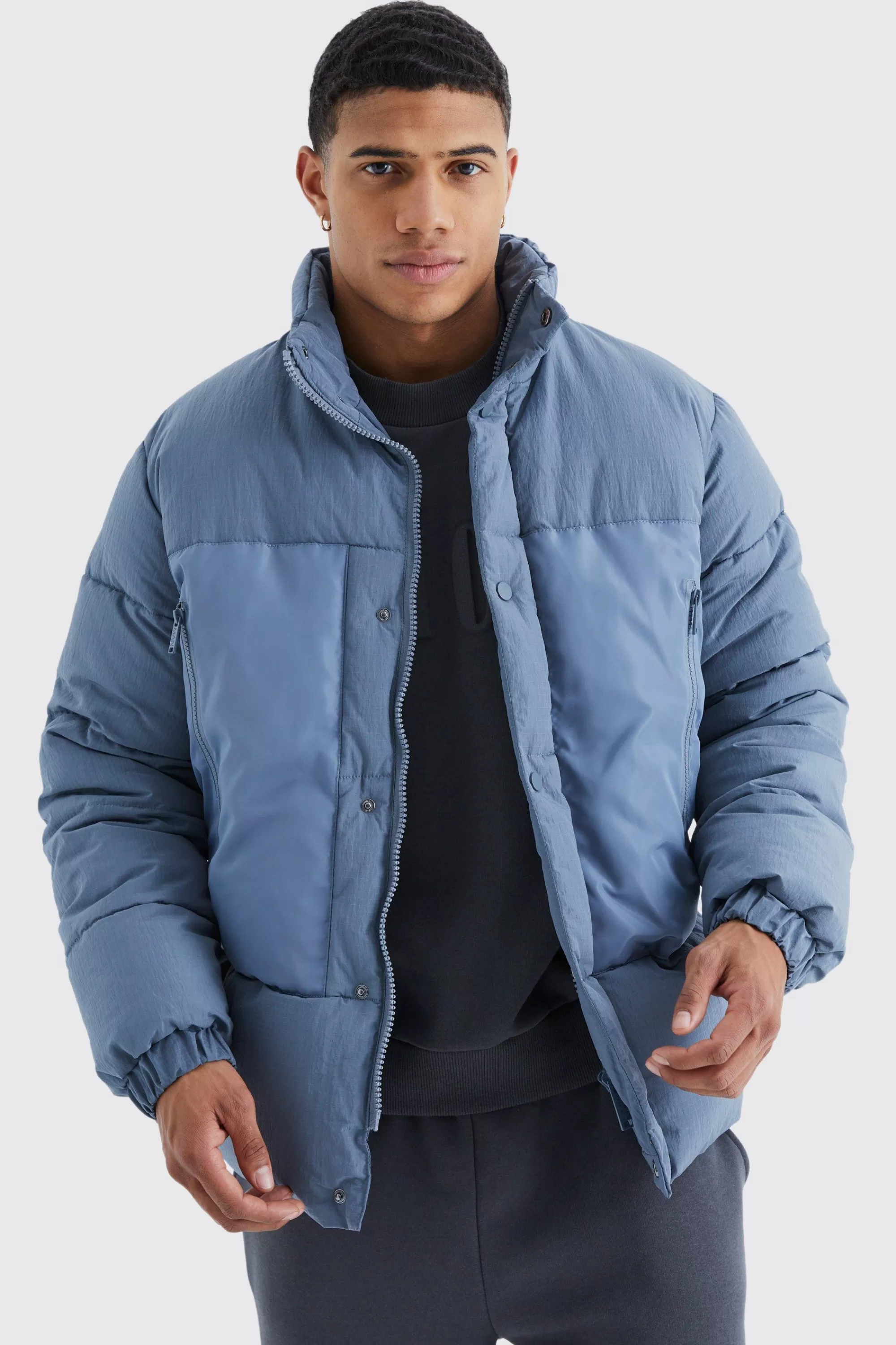 boohooMAN Funnel Neck Contrast Riptstop Puffer | UK