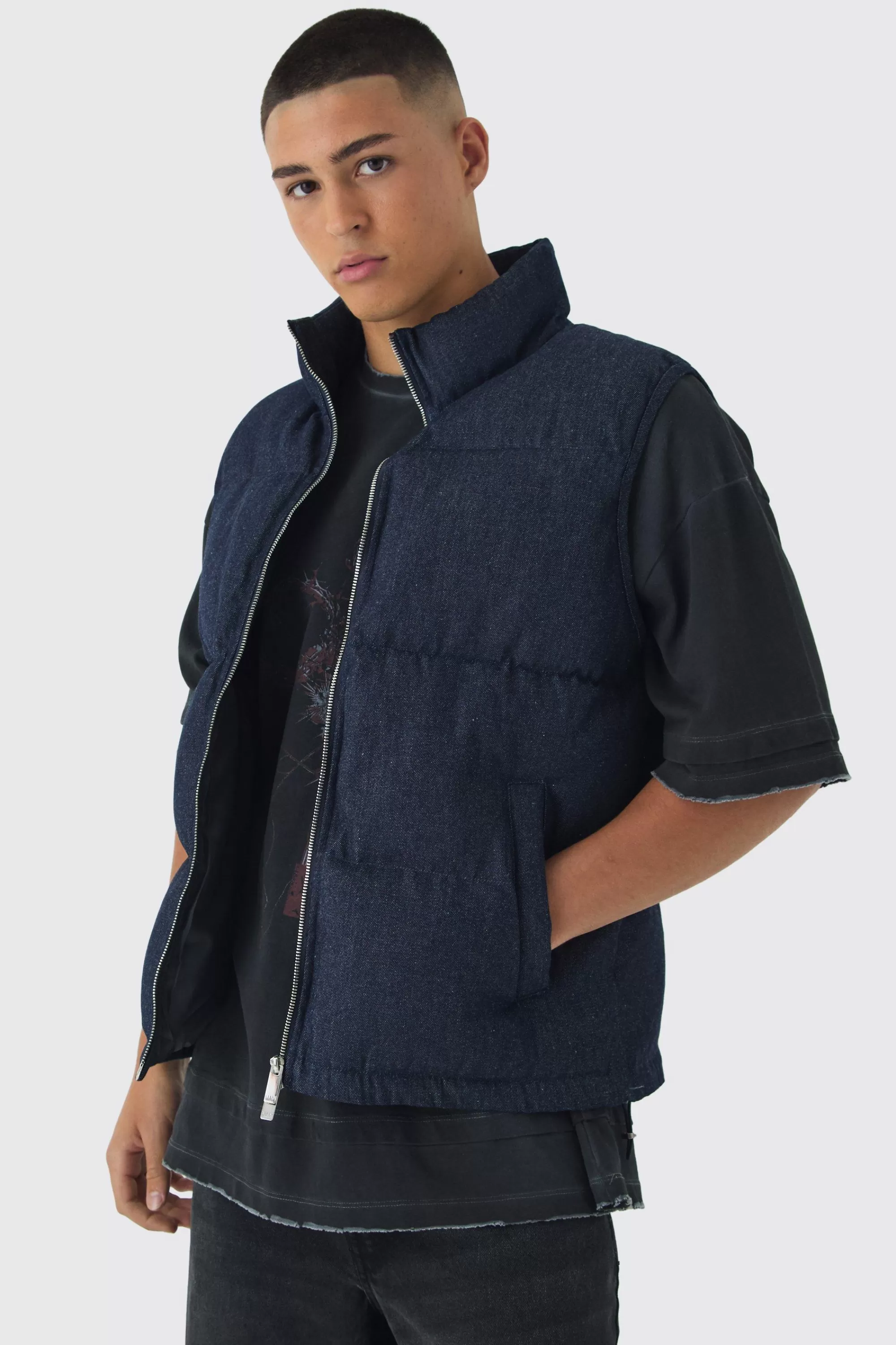 boohooMAN Funnel Neck Denim Puffer Panelled Gilet | UK