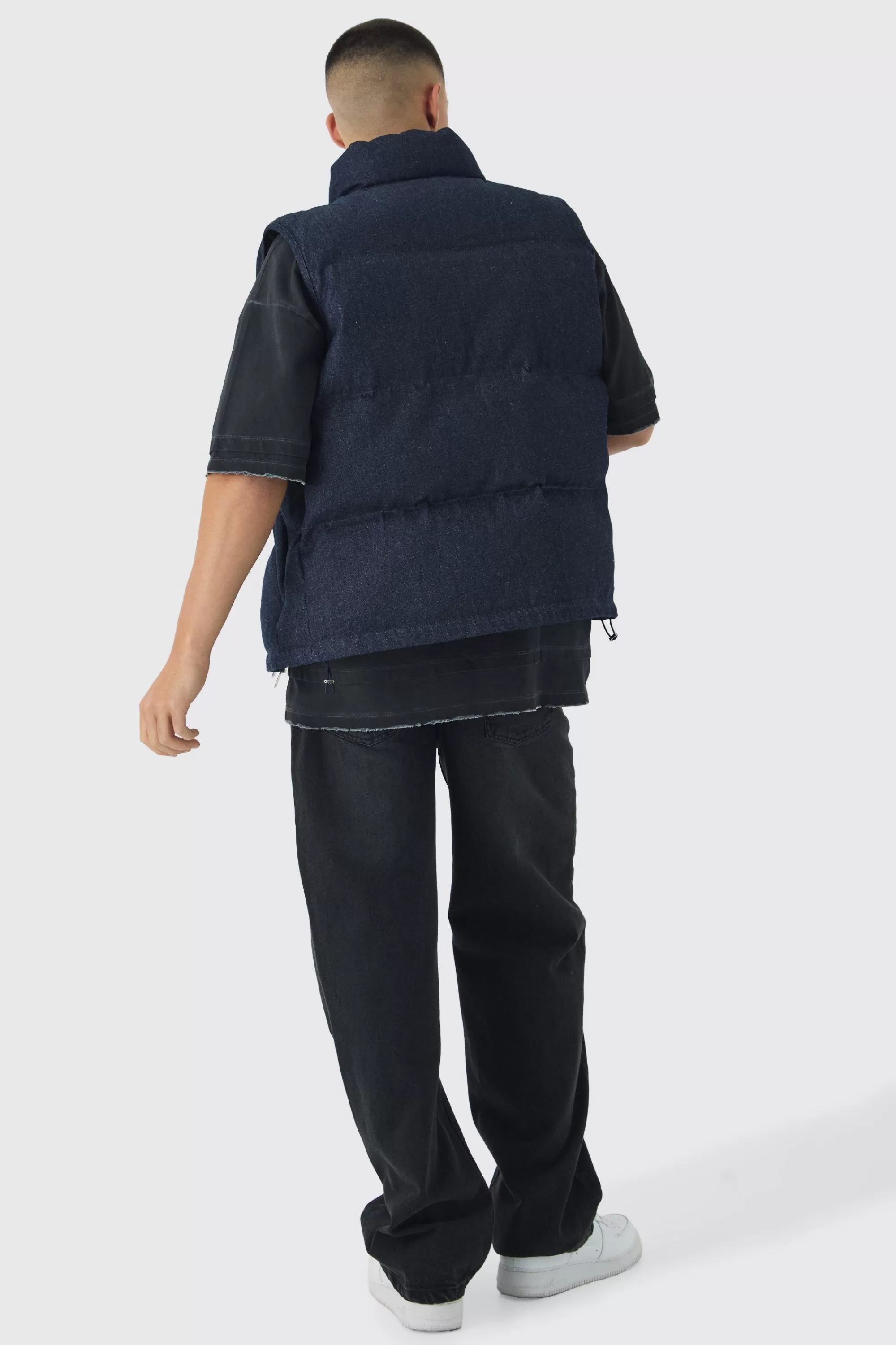 boohooMAN Funnel Neck Denim Puffer Panelled Gilet | UK