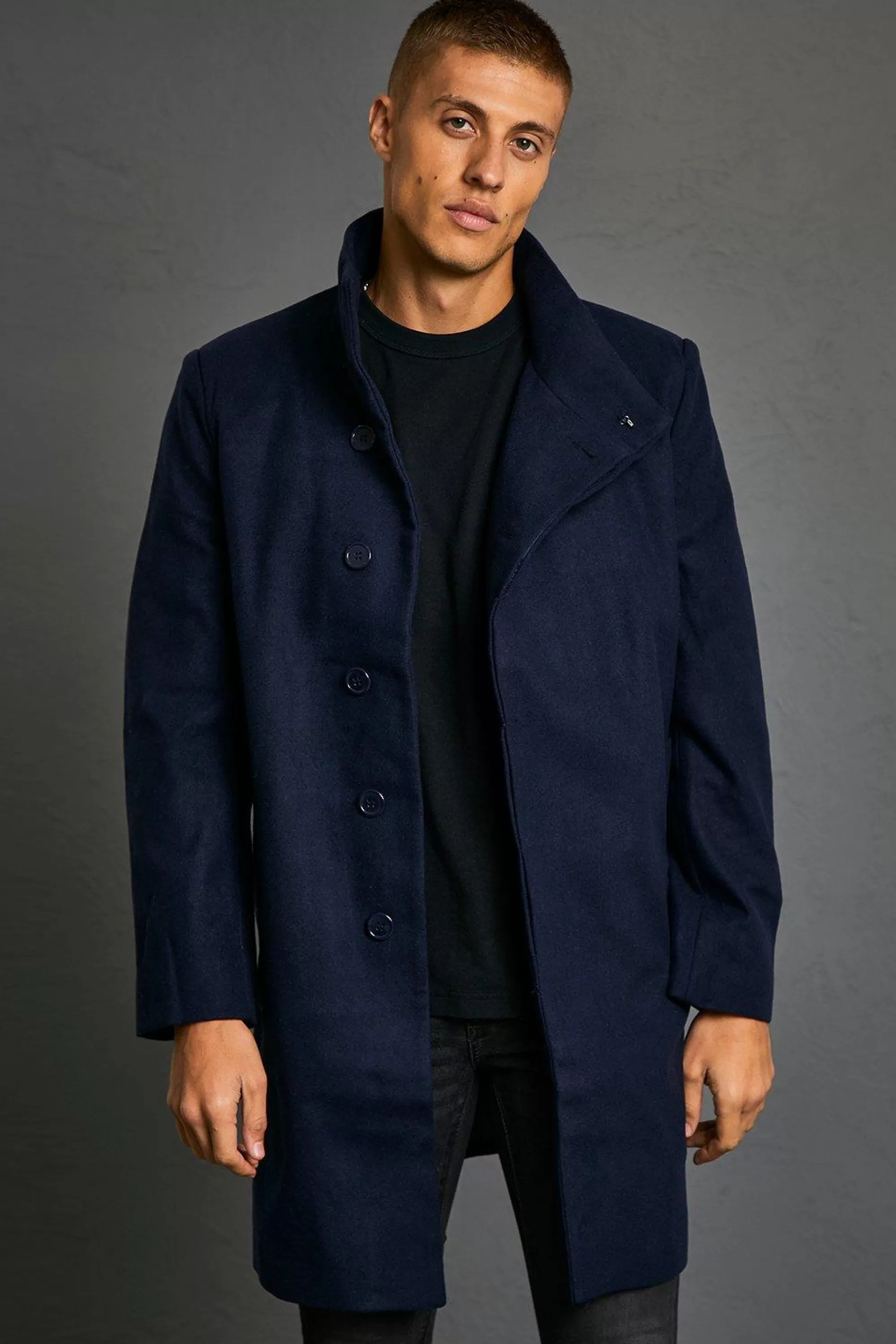 boohooMAN Funnel Neck Wool Look Overcoat | UK