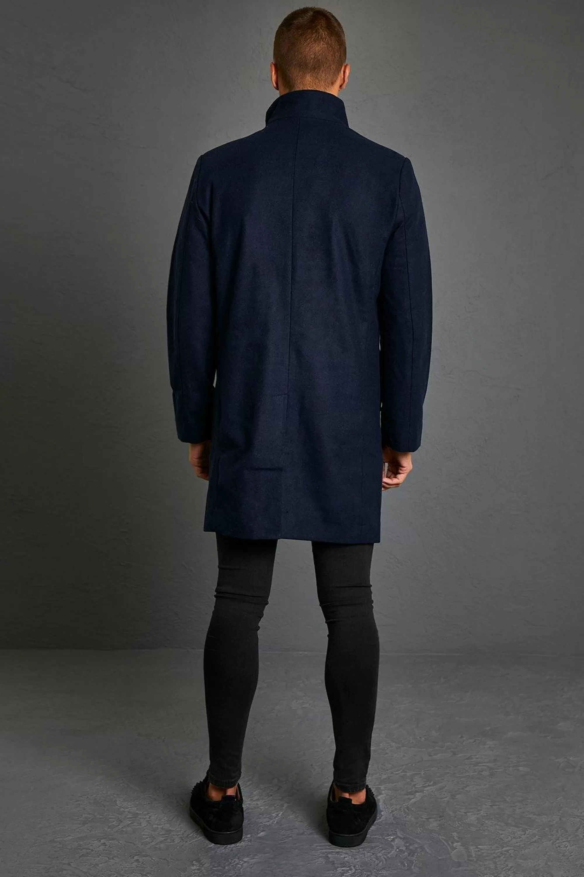 boohooMAN Funnel Neck Wool Look Overcoat | UK