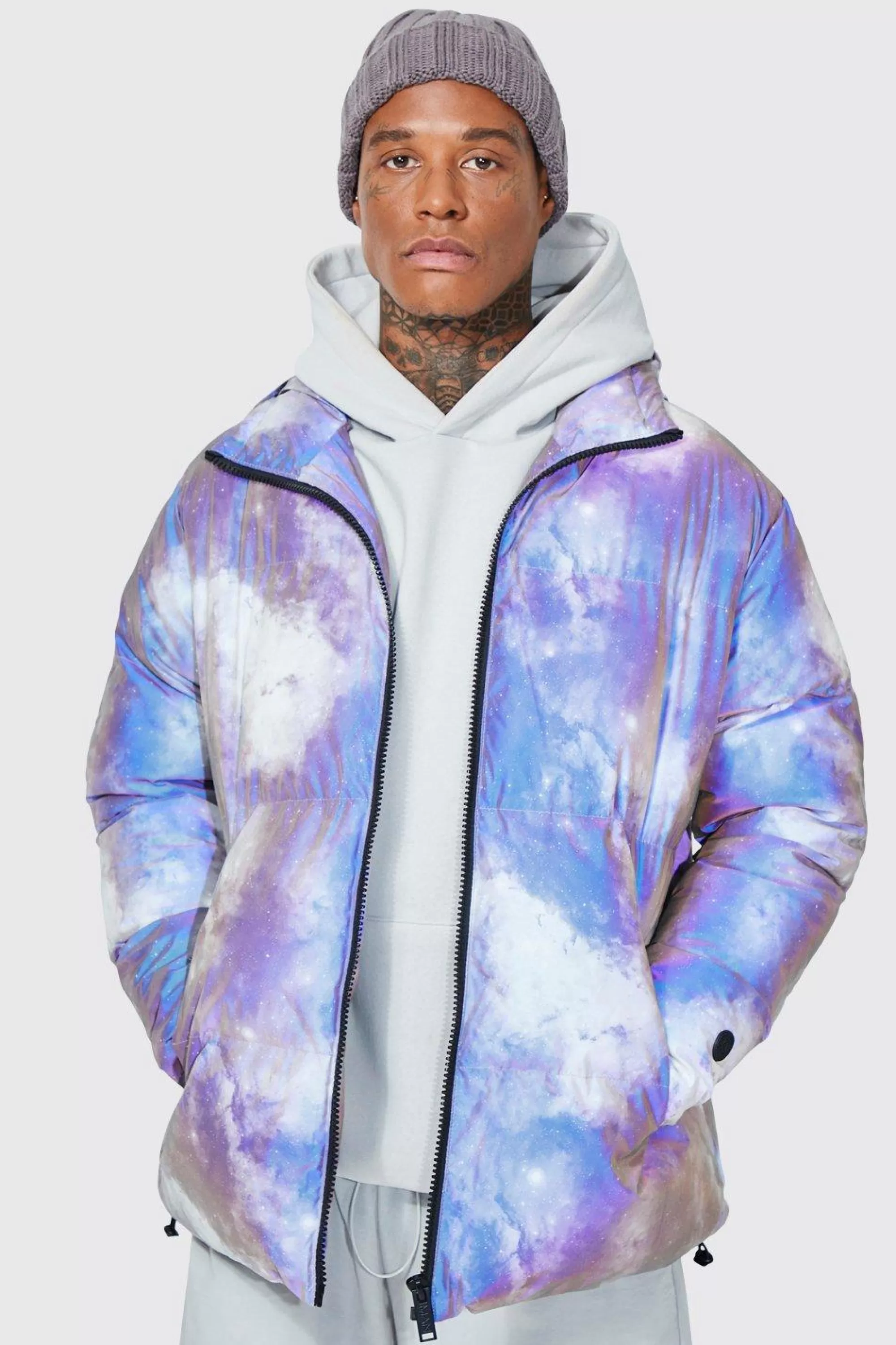 boohooMAN Galactic Reflective Print Hooded Puffer | UK