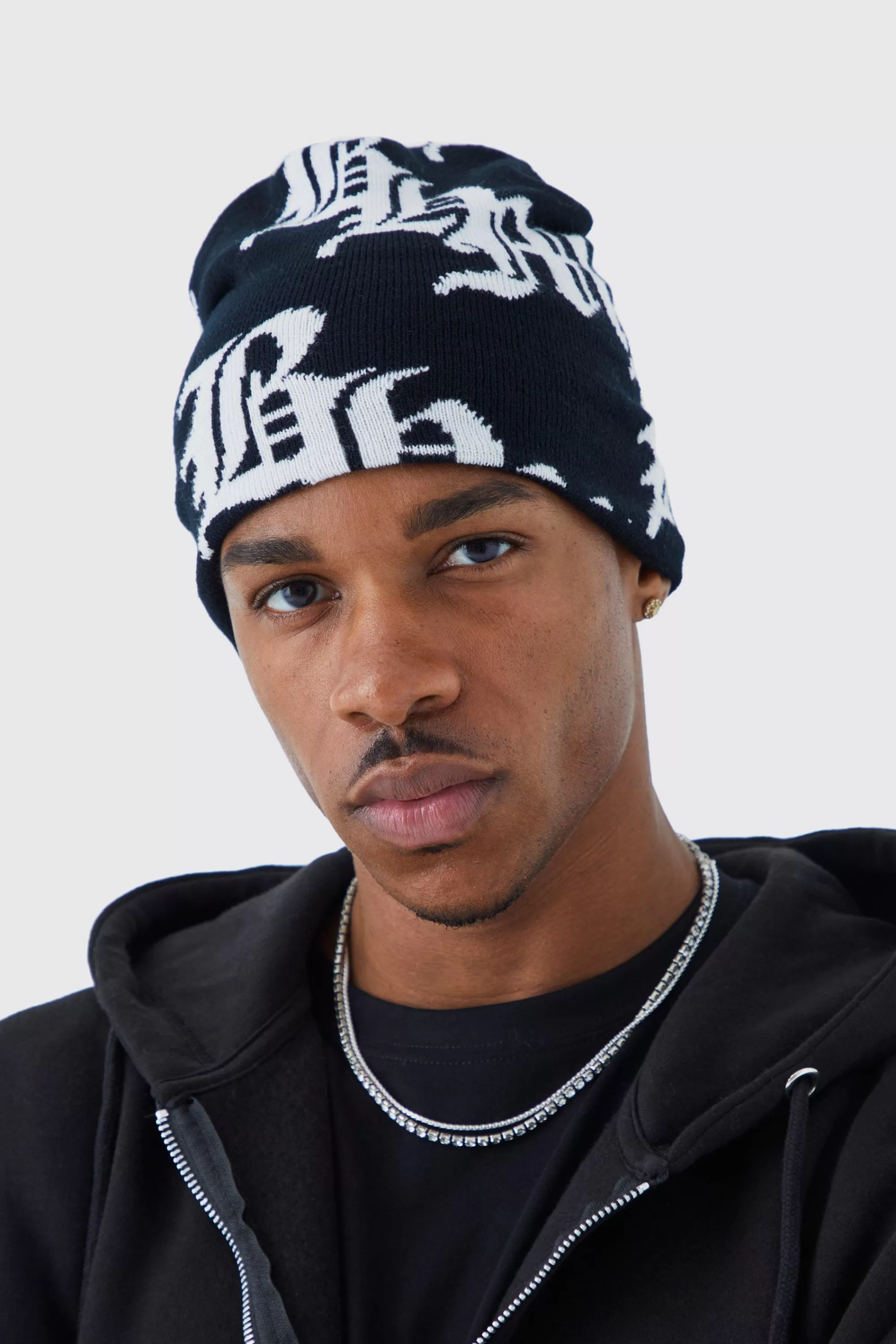 boohooMAN Gothic Logo Jacquard Beanie | UK