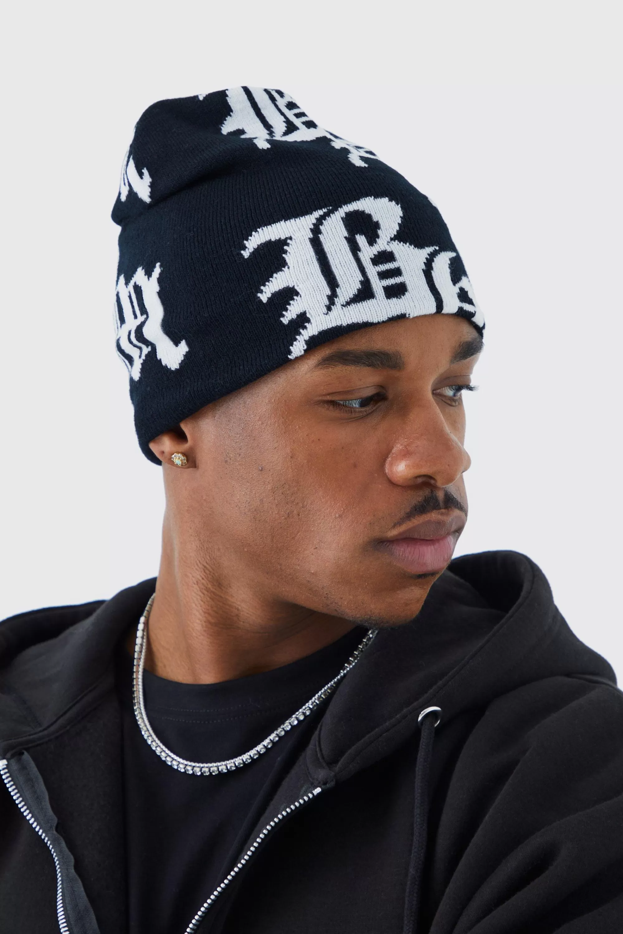 boohooMAN Gothic Logo Jacquard Beanie | UK