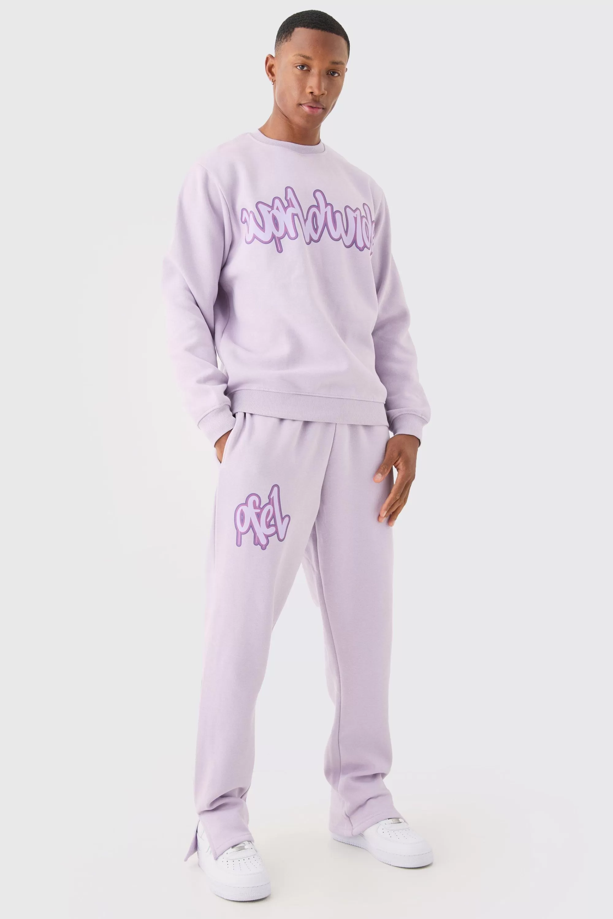 boohooMAN Graffiti Print Sweatshirt Tracksuit | UK