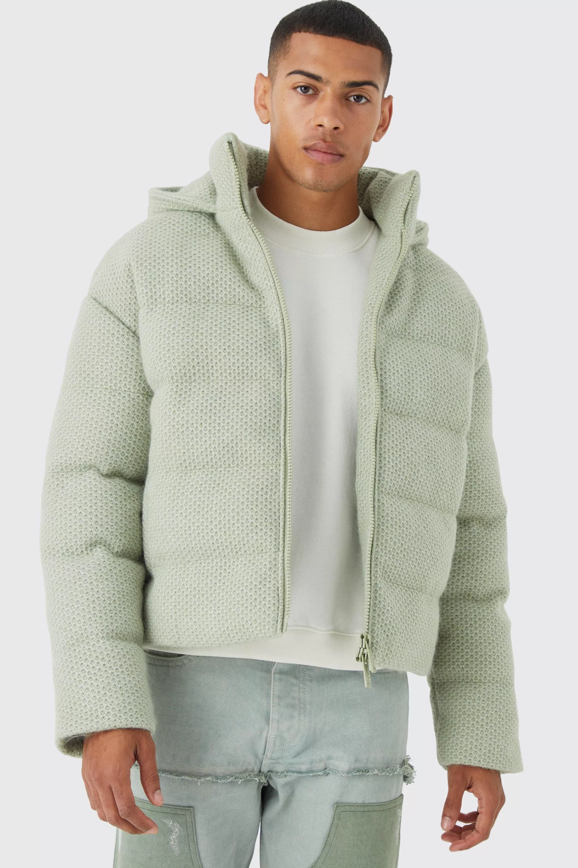 boohooMAN Heavyweight Brushed Knit Quilted Puffer With Hood | UK