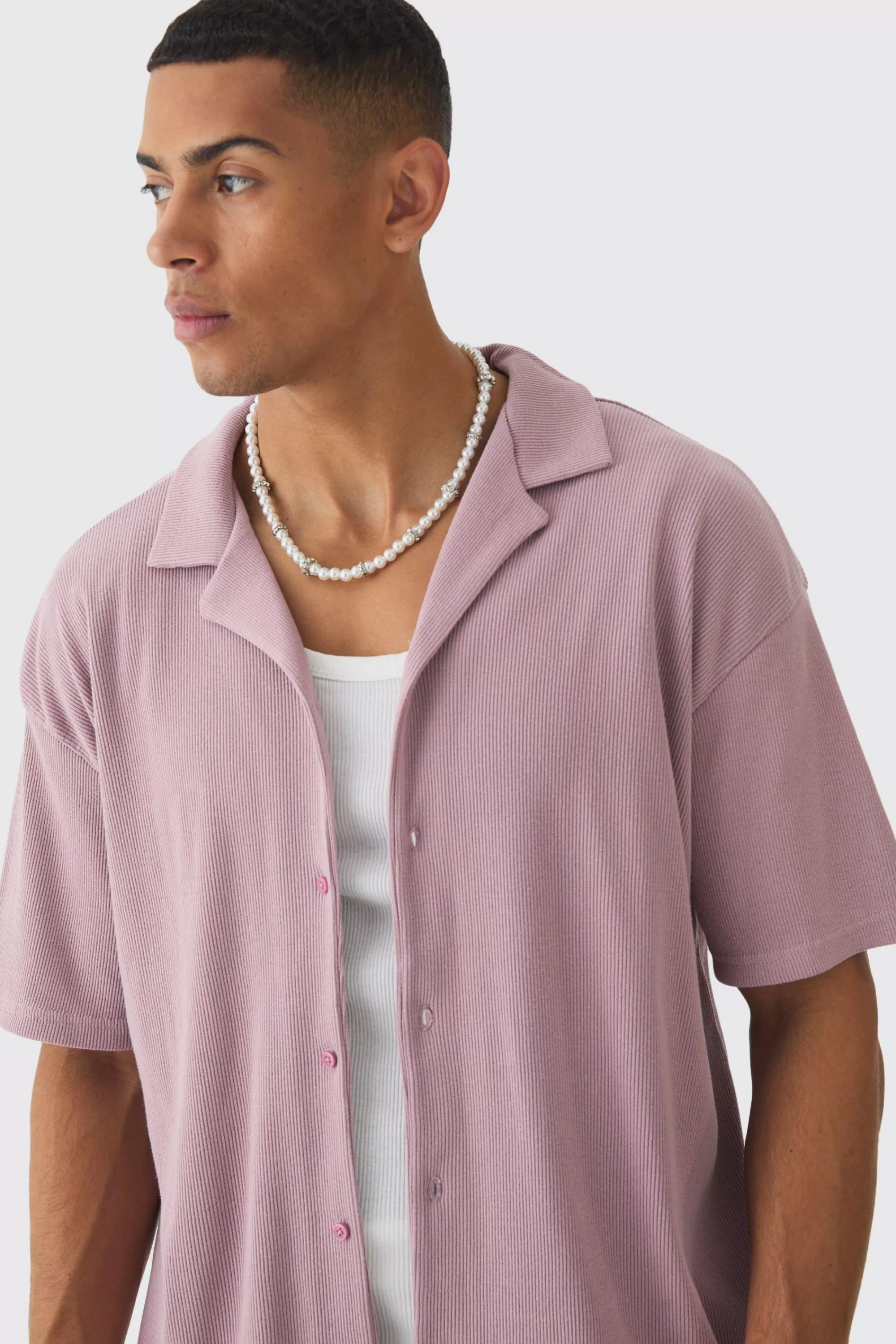 boohooMAN Heavyweight Oversized Revere Ribbed Jersey Shirt | UK
