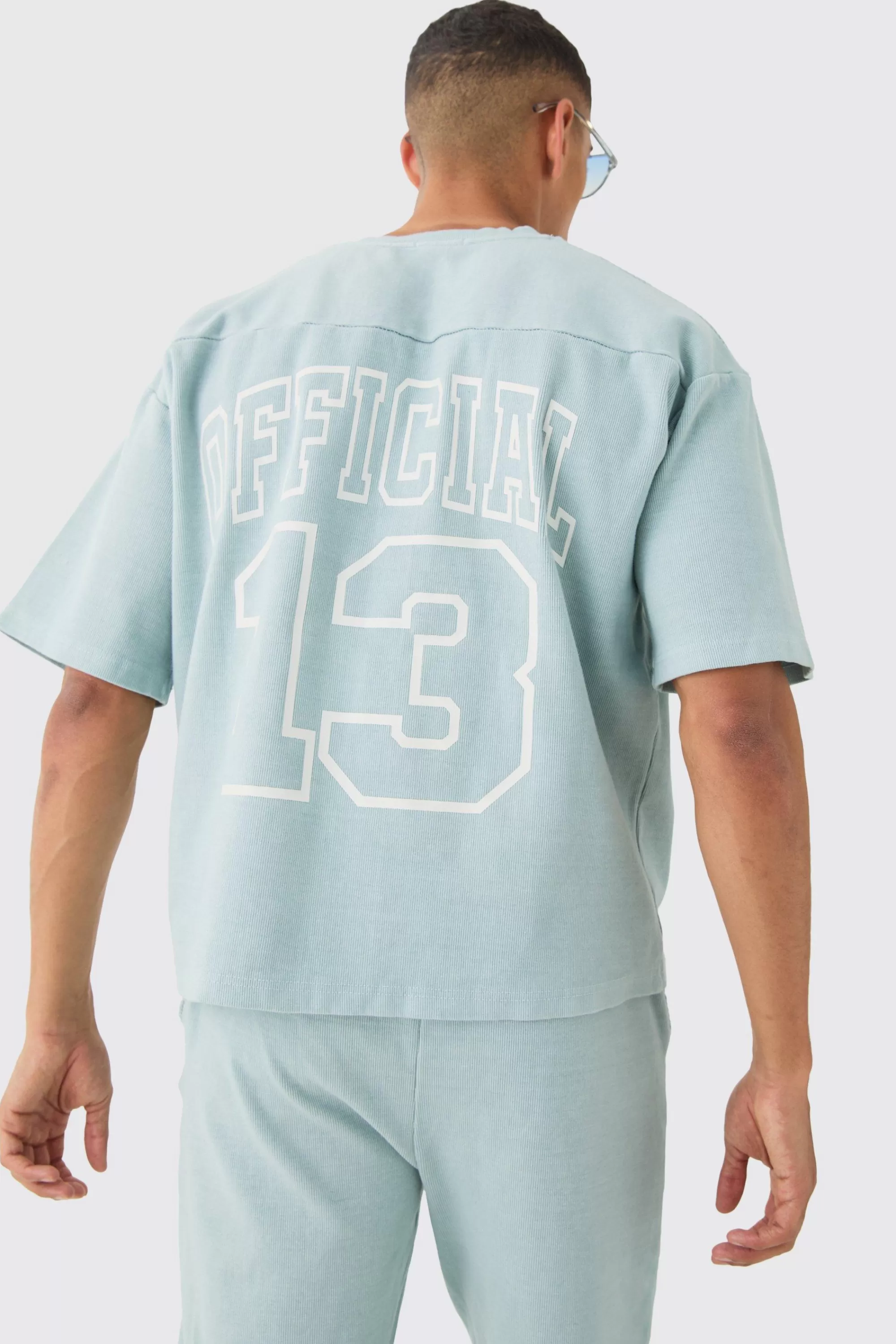boohooMAN Heavyweight Ribbed Washed Short Sleeve Sweatshirt & Short Set | UK