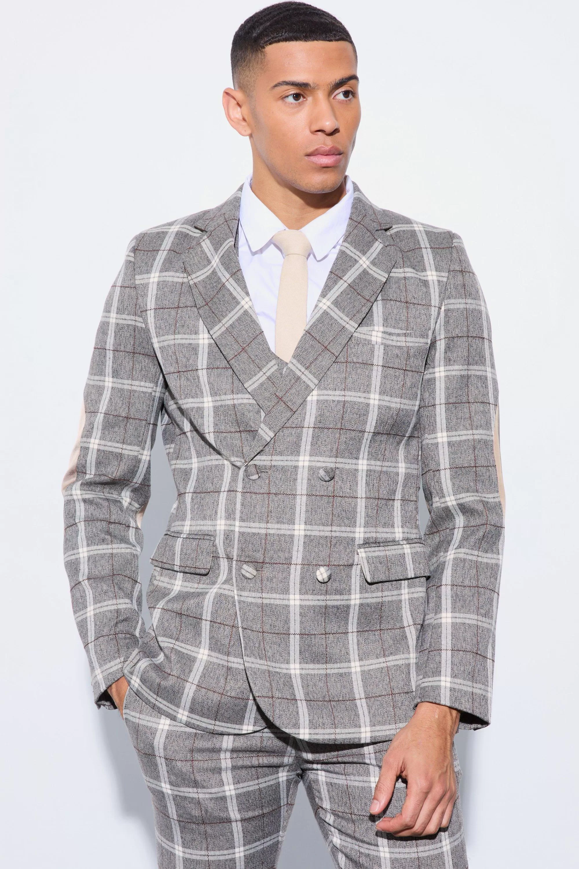 boohooMAN Herringbone Check Contrast Sleeve Panel Fitted Blazer | UK