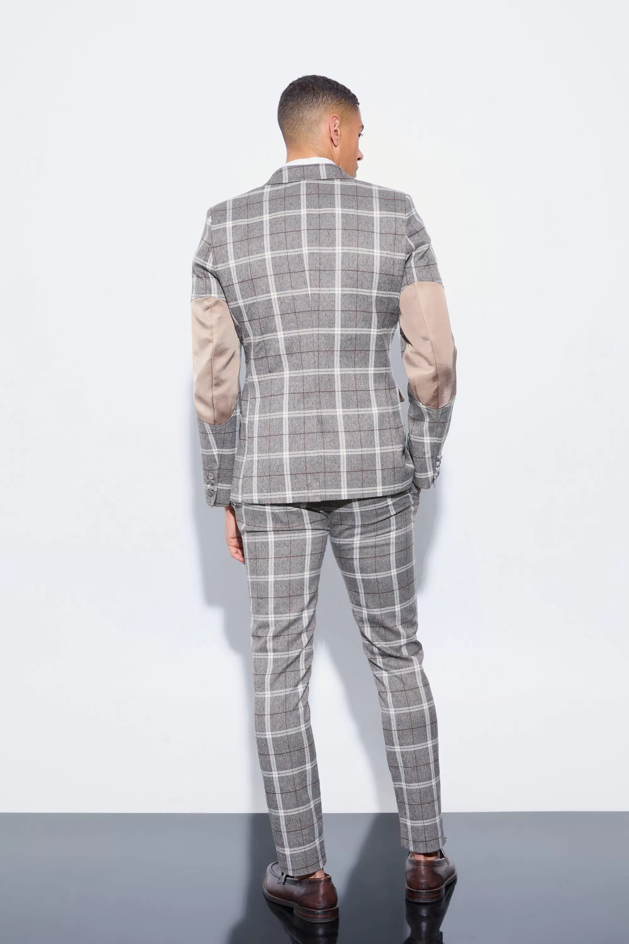 boohooMAN Herringbone Check Contrast Sleeve Panel Fitted Blazer | UK