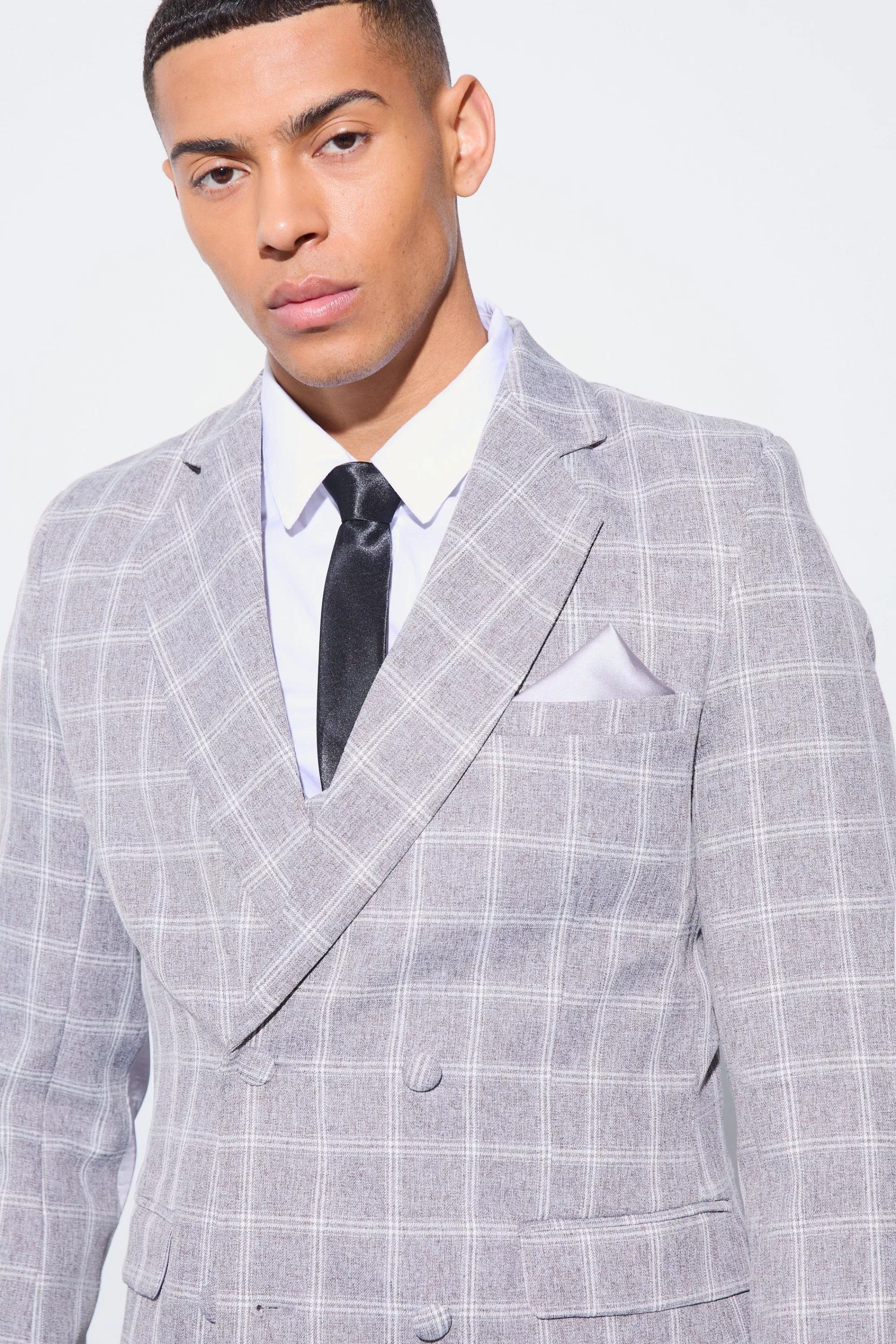 boohooMAN Herringbone Check Contrast Sleeve Panel Fitted Blazer | UK