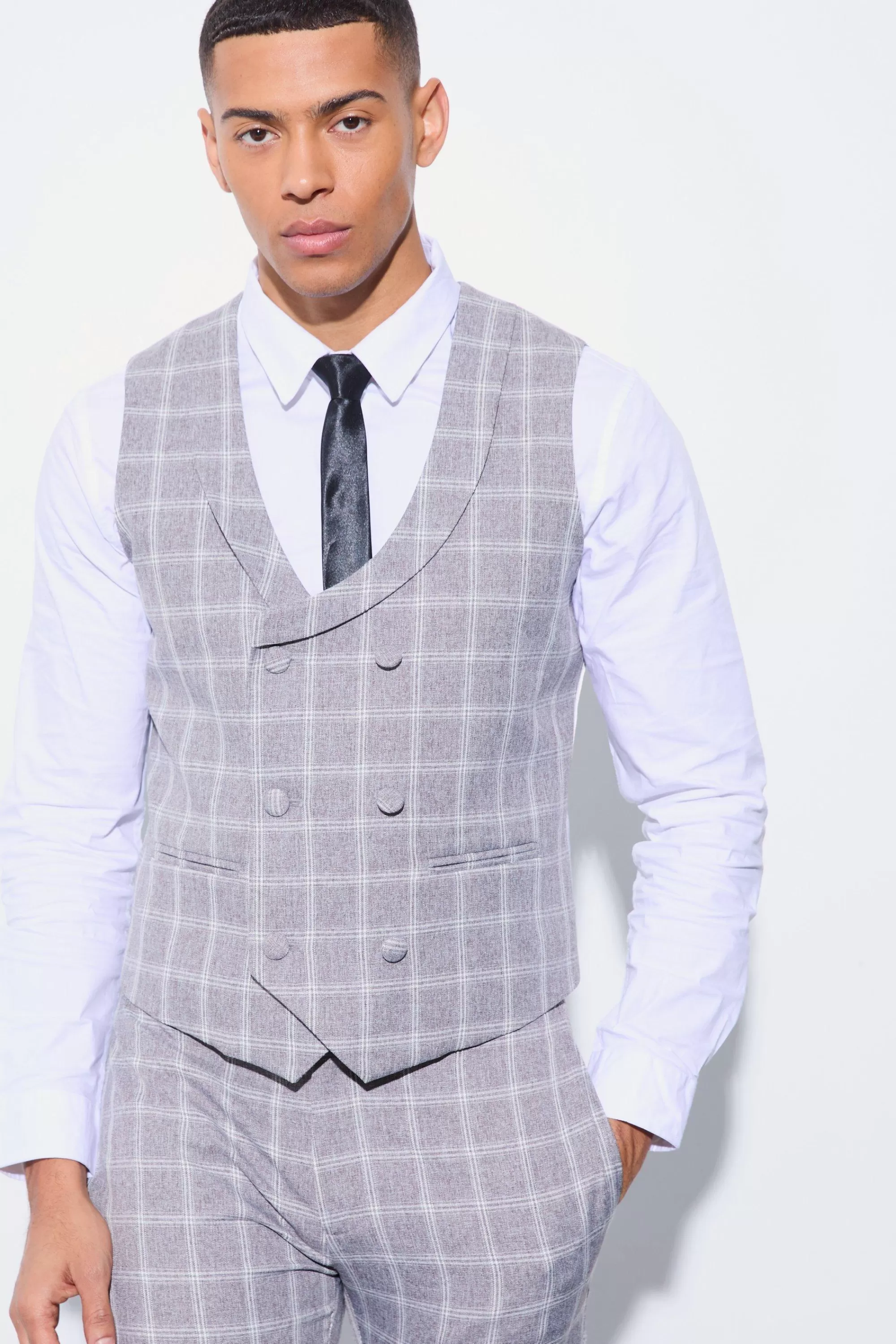 boohooMAN Herringbone Check Contrast Sleeve Panel Fitted Suit | UK