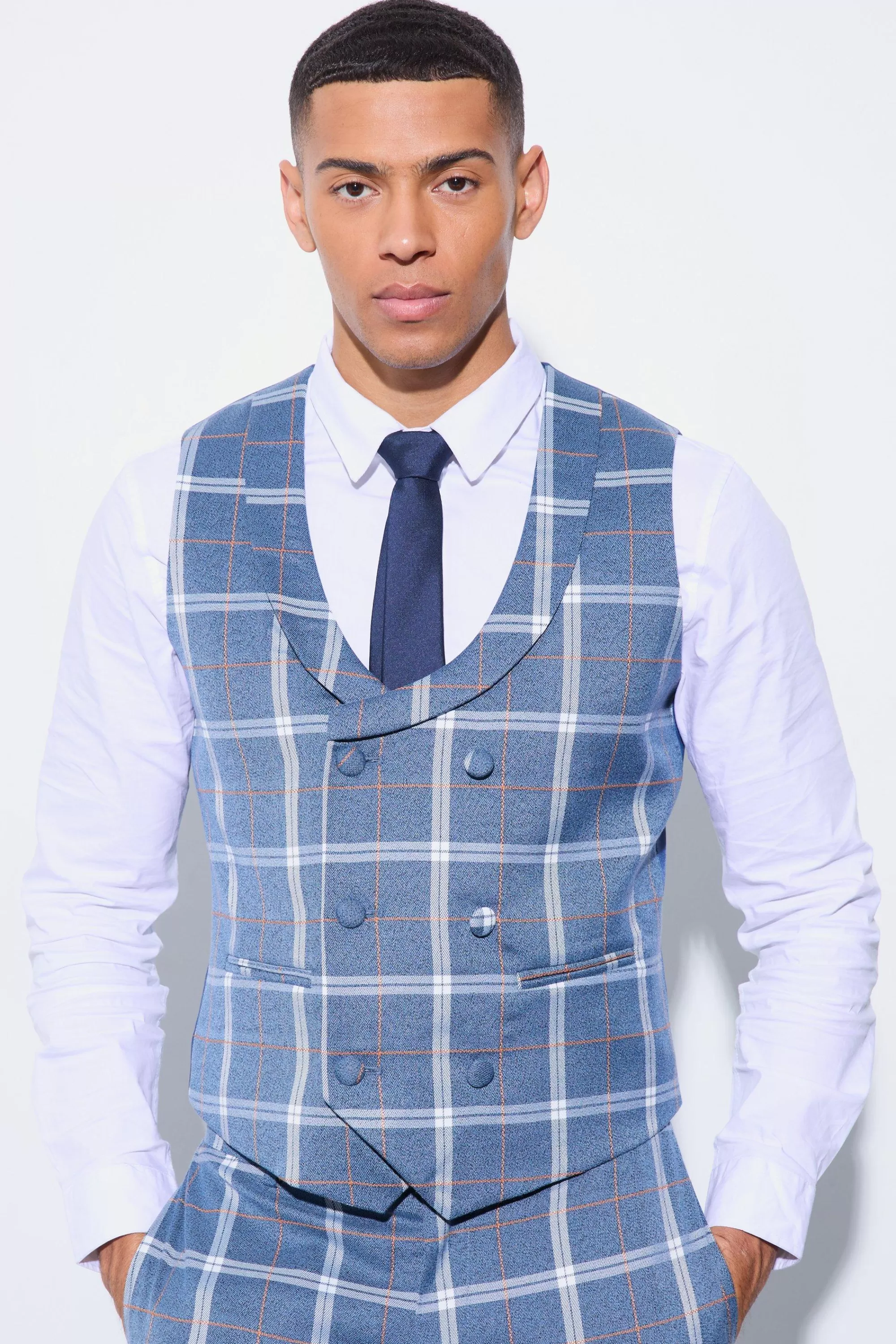 boohooMAN Herringbone Check Double Breasted Waistcoat | UK