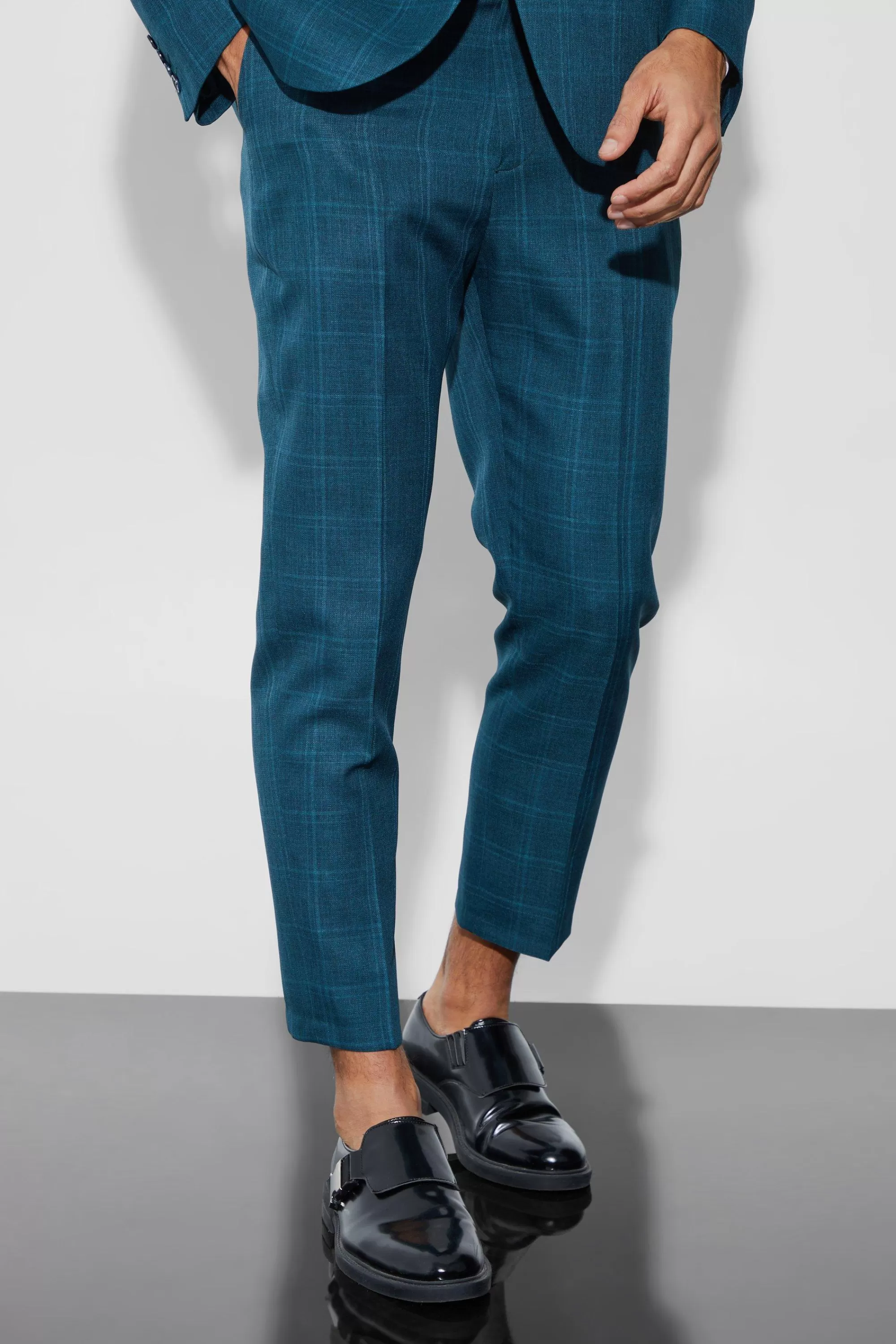 boohooMAN High Rise Tapered Check Fabric Interest Trousers | UK