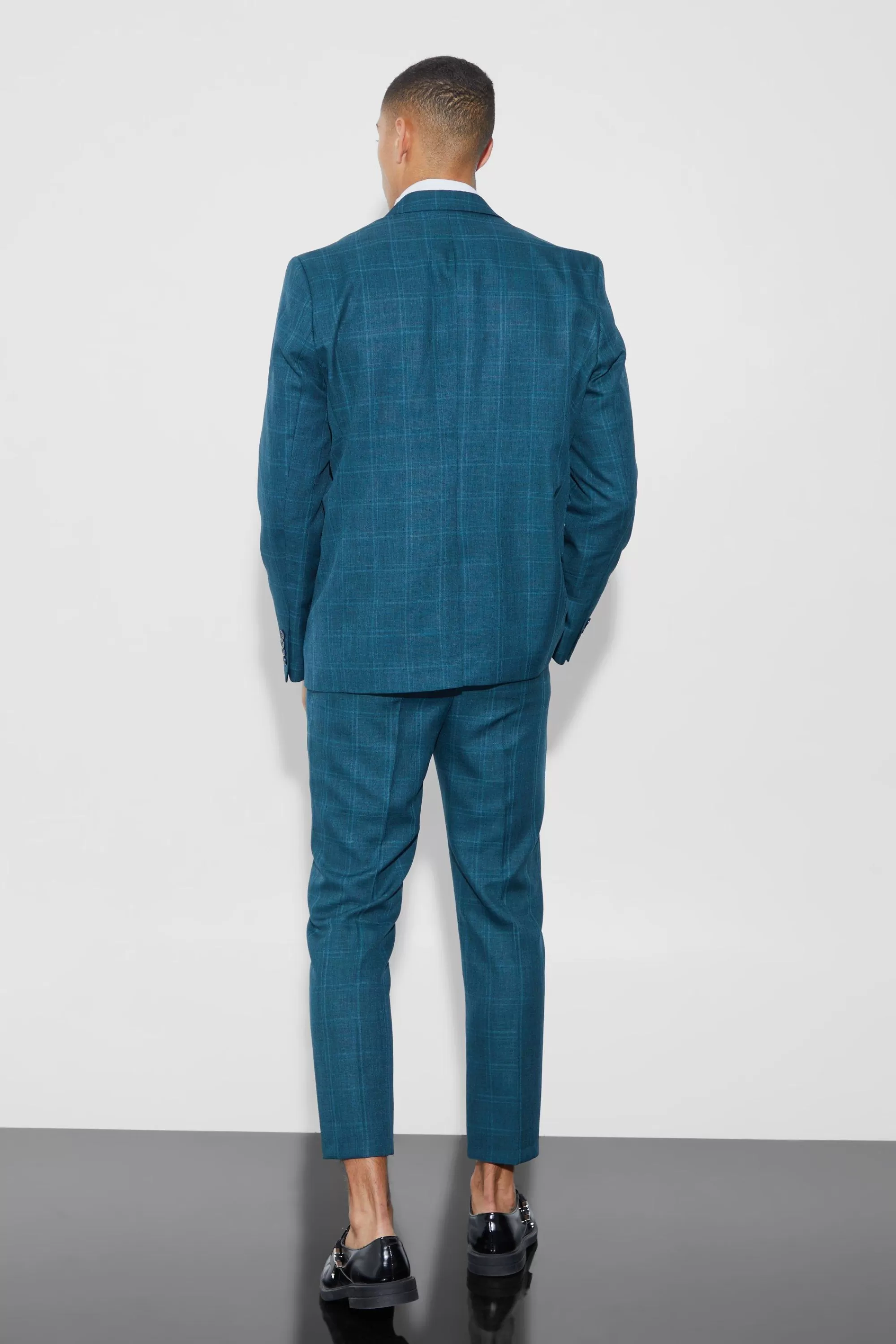 boohooMAN High Rise Tapered Check Fabric Interest Trousers | UK