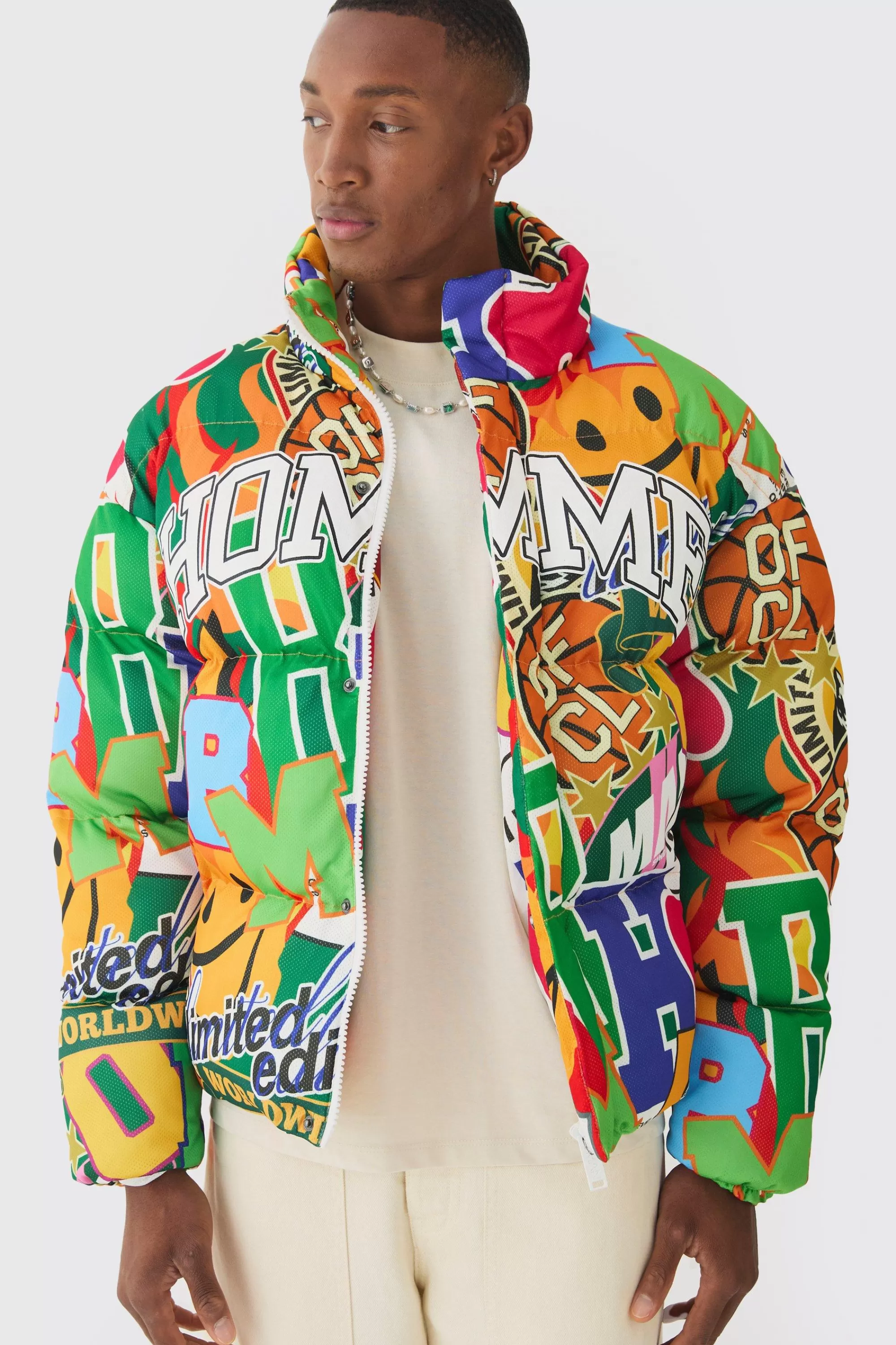 boohooMAN Homme Printed Funnel Neck Mesh Puffer Coat In | UK