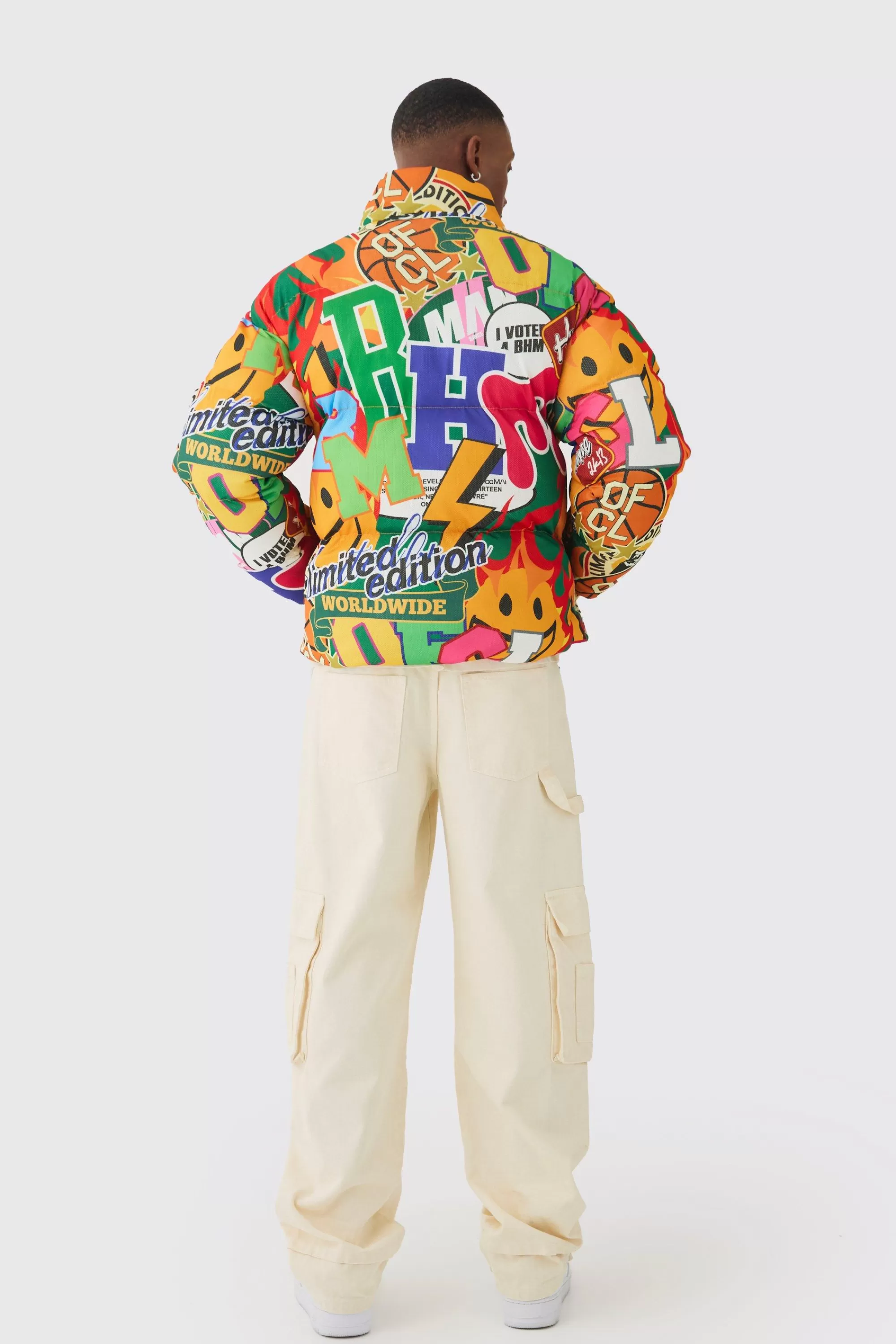 boohooMAN Homme Printed Funnel Neck Mesh Puffer Coat In | UK