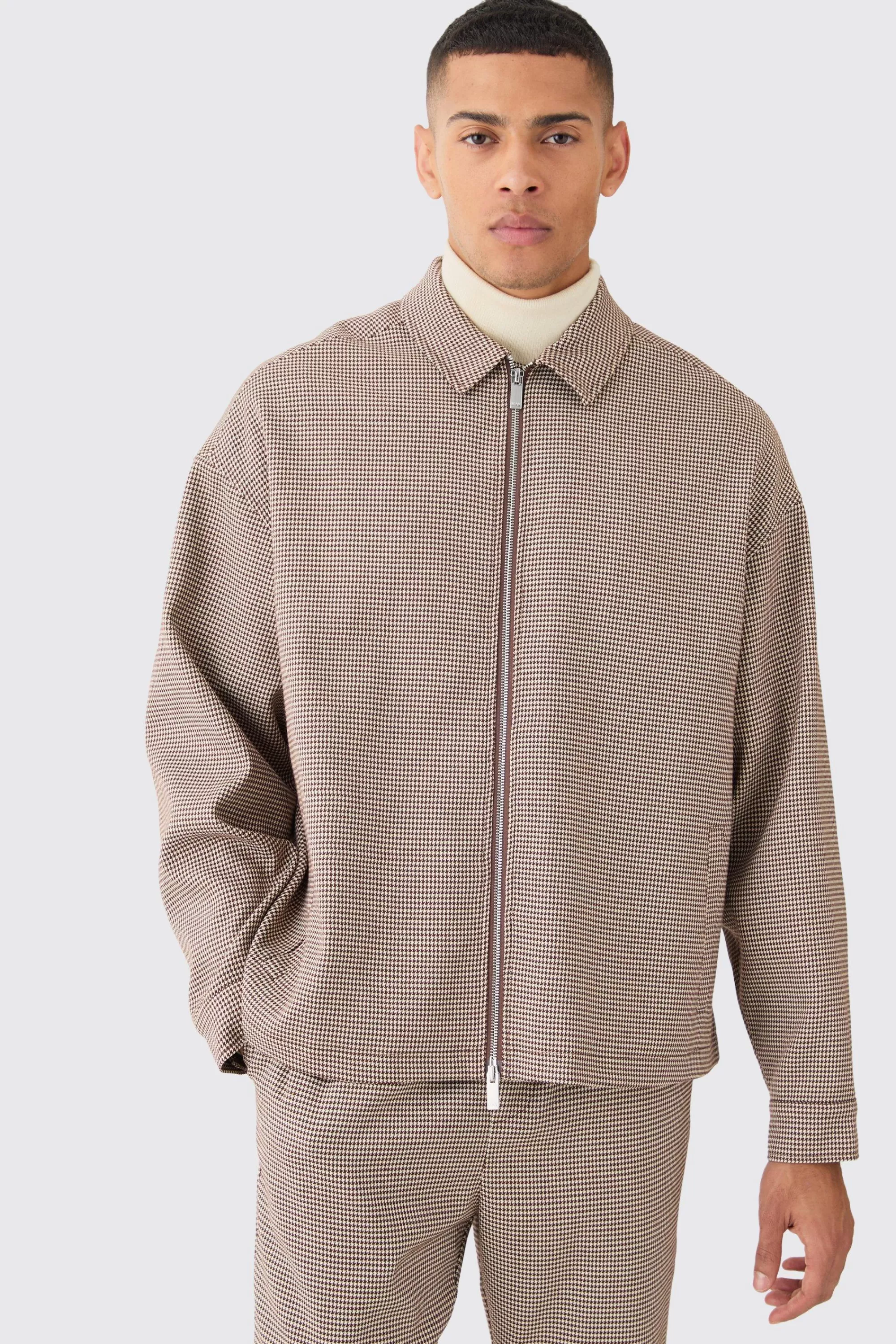 boohooMAN Houndstooth Checked Oversized Smart Harrington Jacket | UK