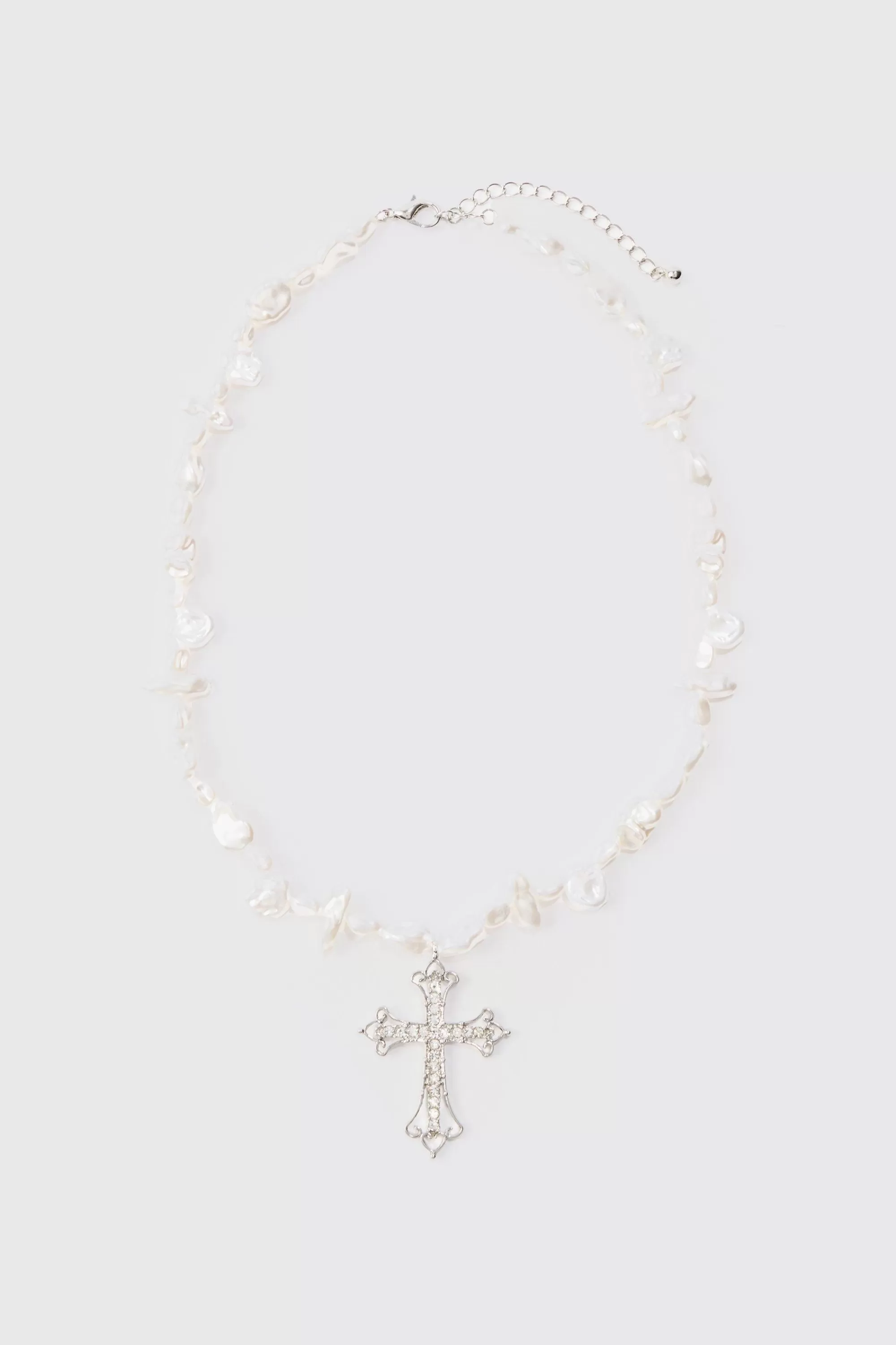 boohooMAN Iced Cross Pearl Necklace In | UK