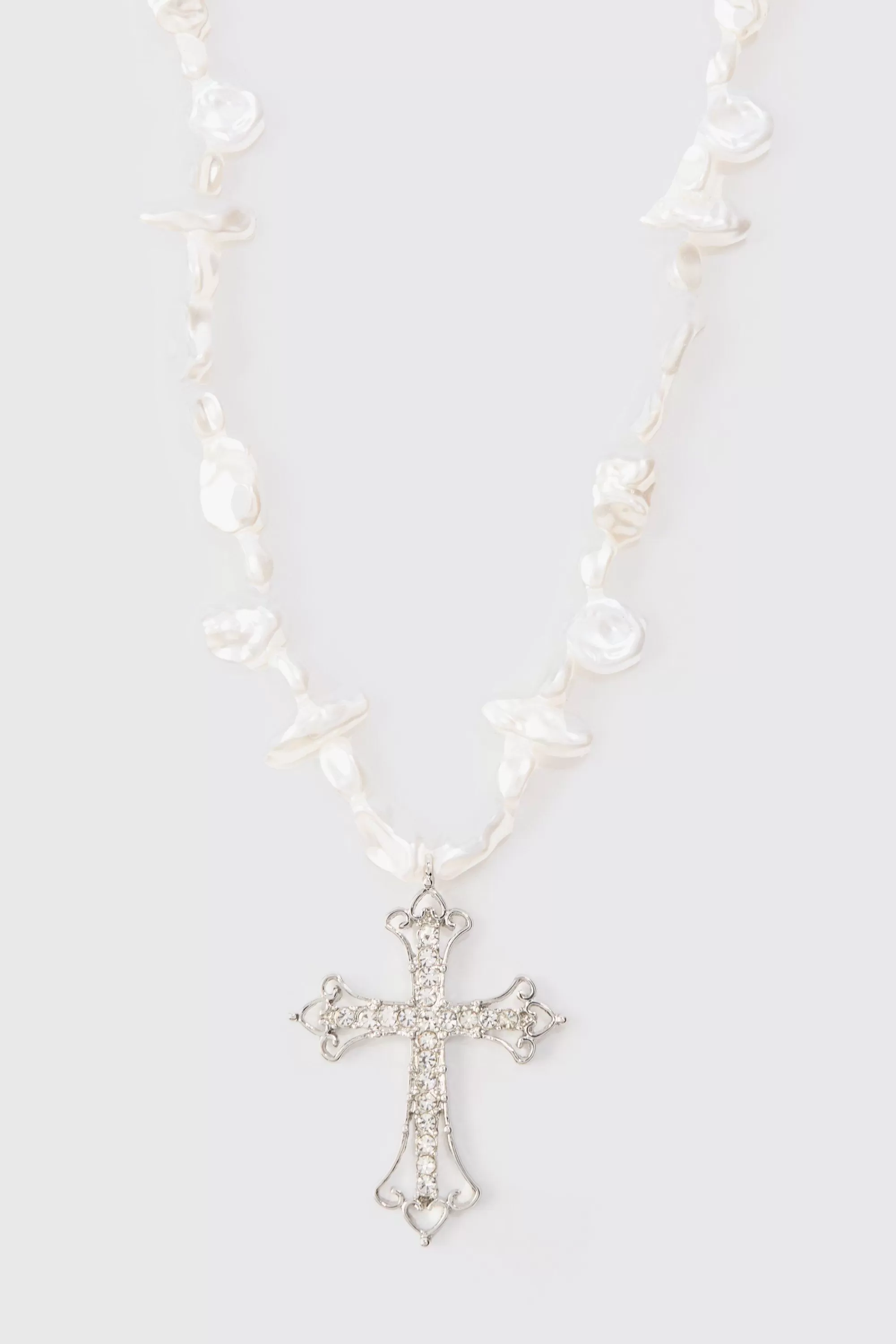 boohooMAN Iced Cross Pearl Necklace In | UK