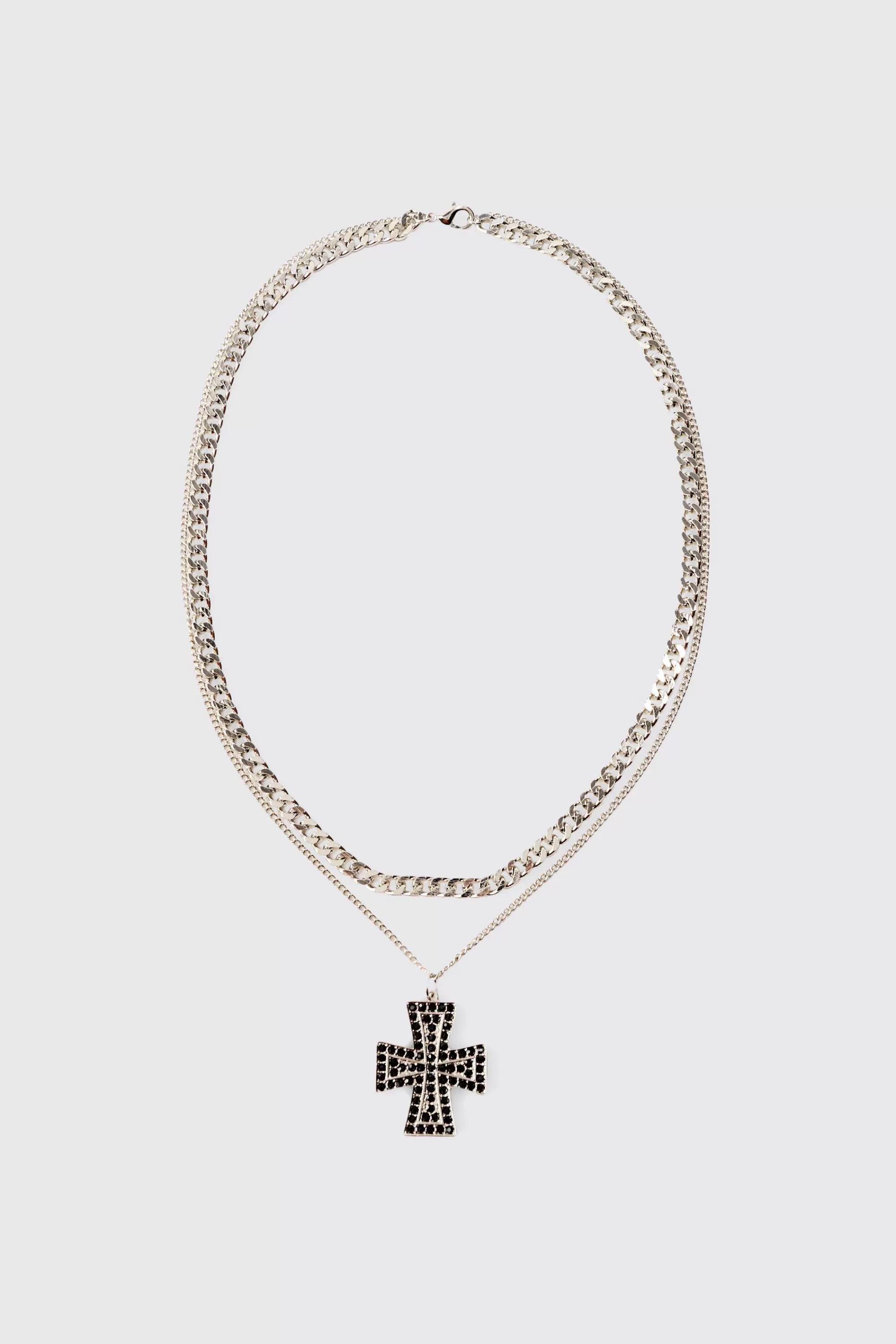 boohooMAN Iced Cross Pendant Double Chain Necklace In | UK