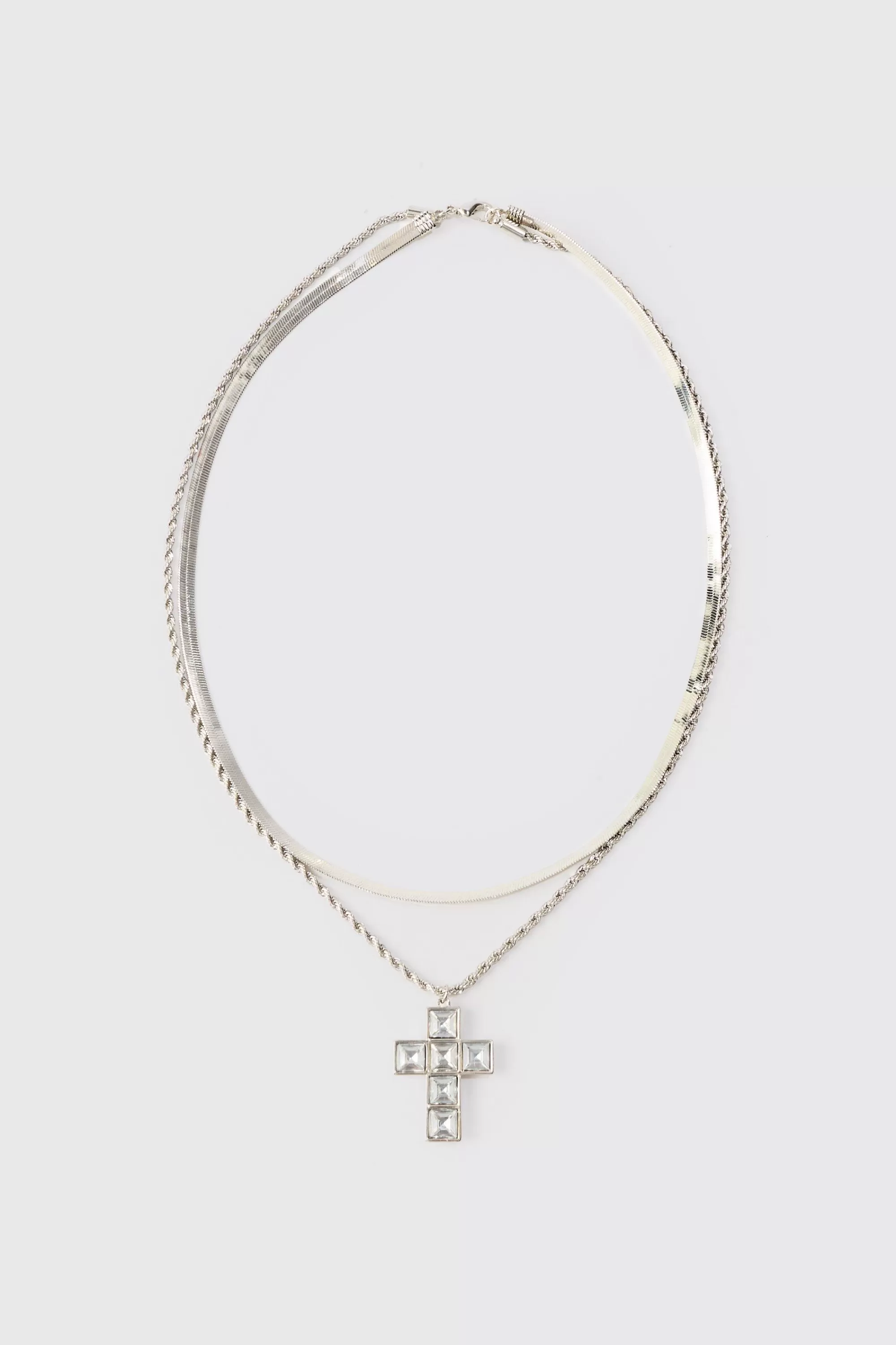 boohooMAN Iced Cross Pendant Double Chain Necklace In | UK