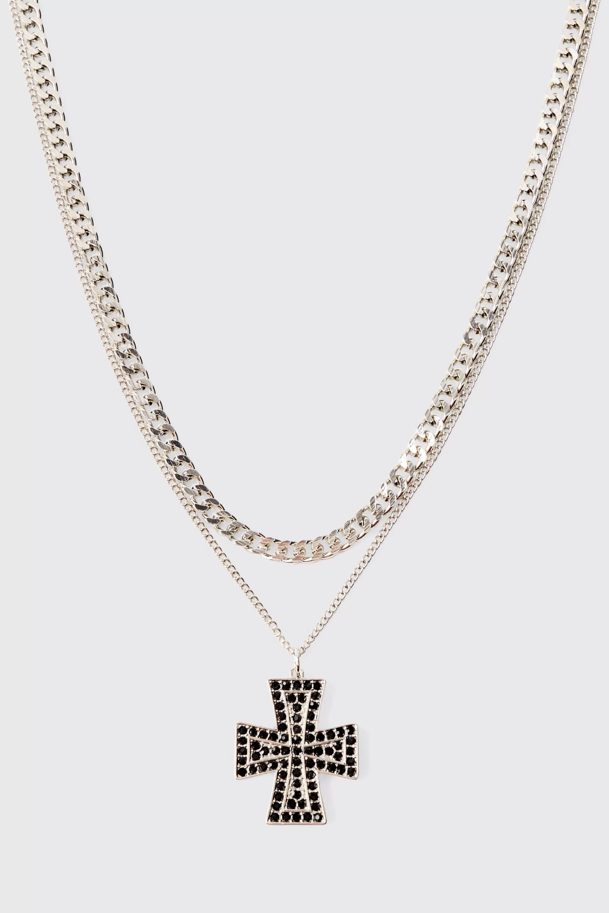 boohooMAN Iced Cross Pendant Double Chain Necklace In | UK