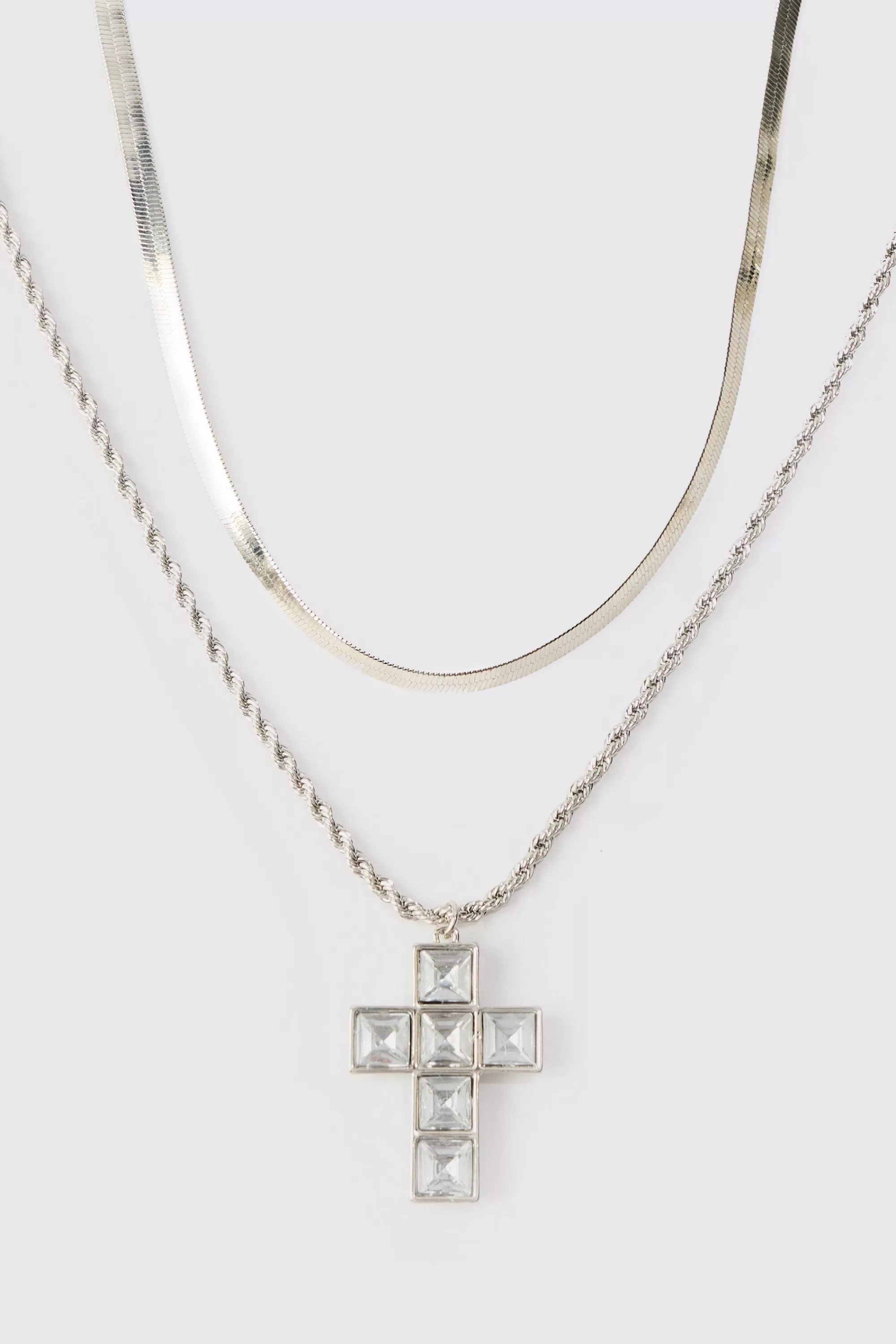 boohooMAN Iced Cross Pendant Double Chain Necklace In | UK