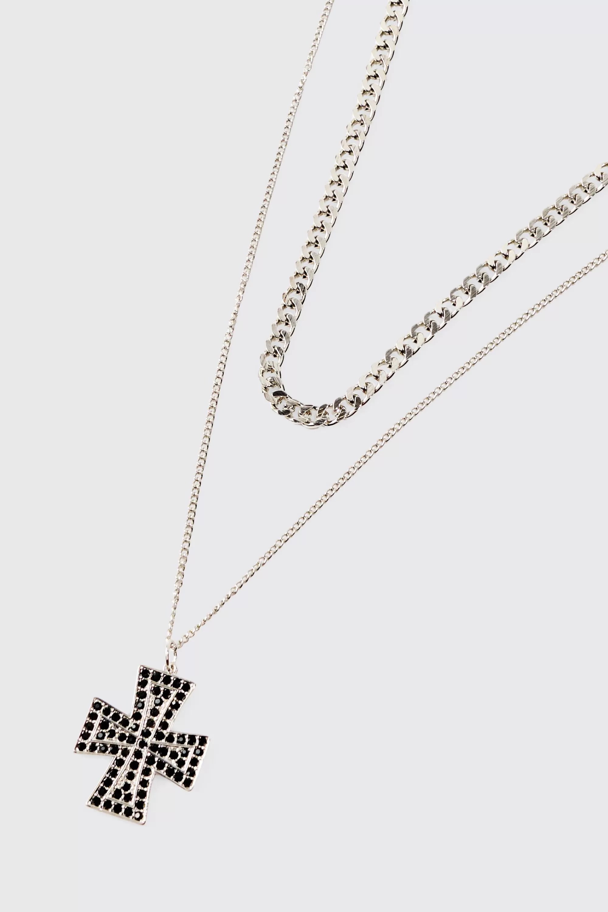 boohooMAN Iced Cross Pendant Double Chain Necklace In | UK