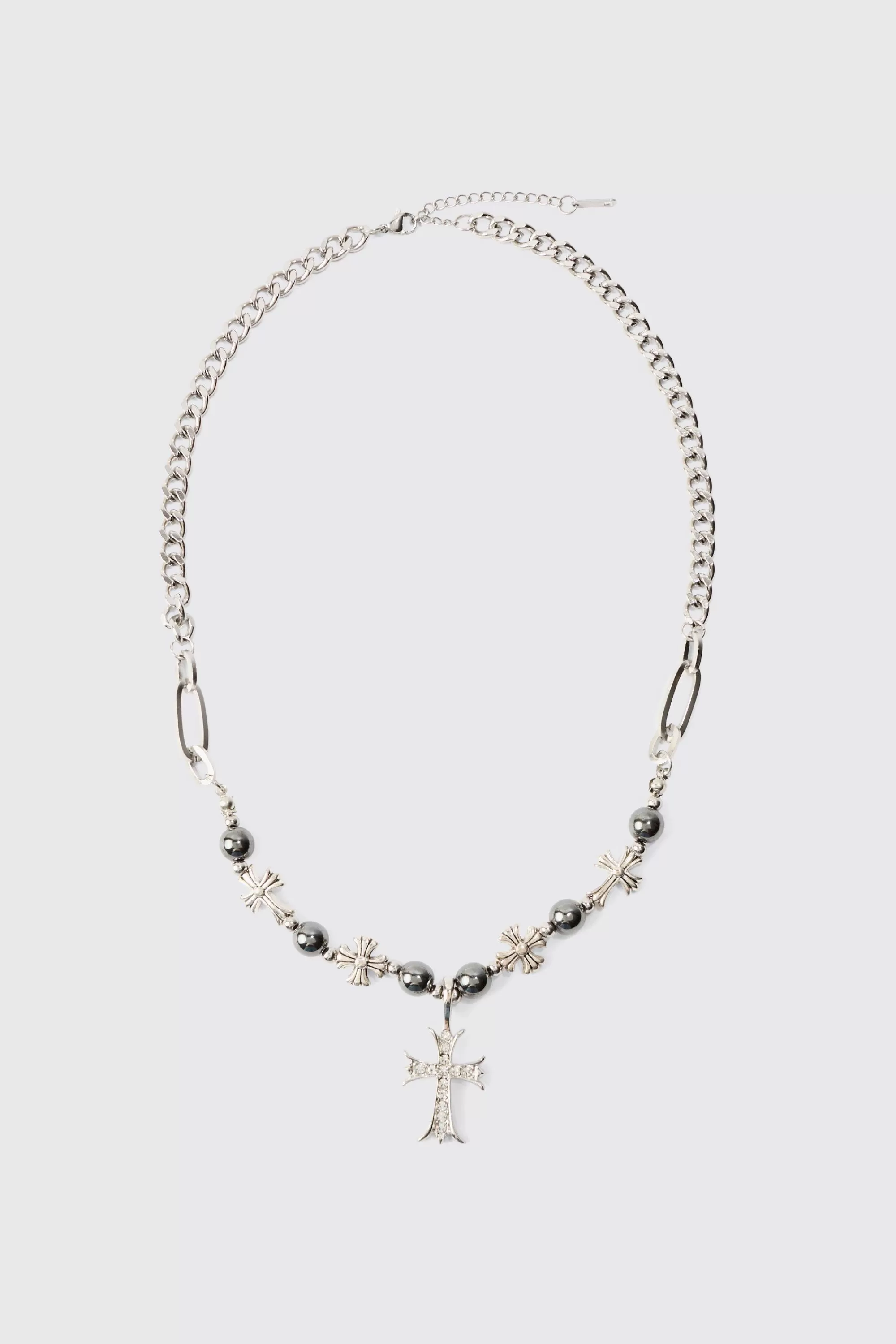 boohooMAN Iced Cross Pendant Pearl Necklace | UK