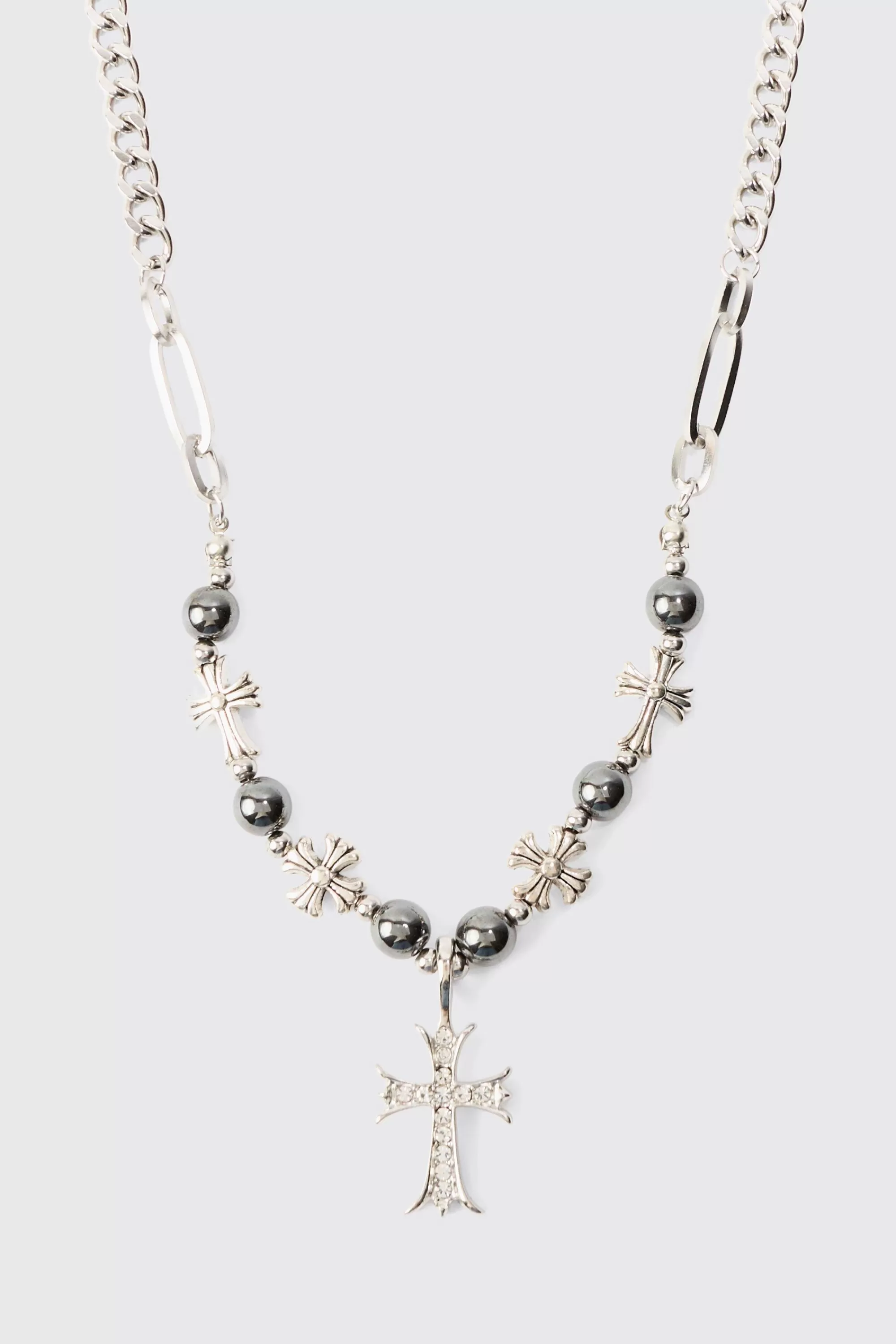 boohooMAN Iced Cross Pendant Pearl Necklace | UK