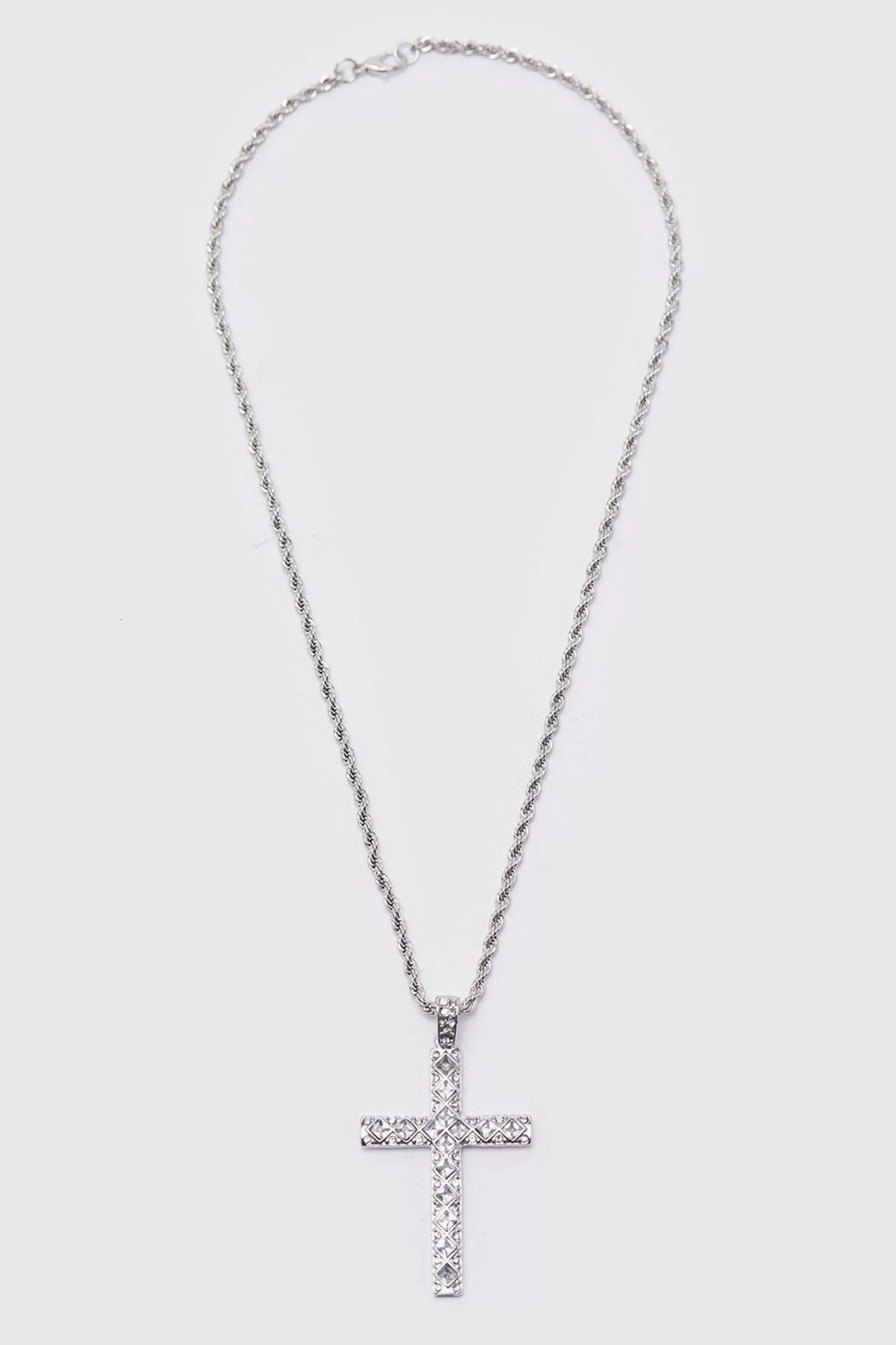 boohooMAN Iced Crystal Cross Necklace With Gift Bag | UK