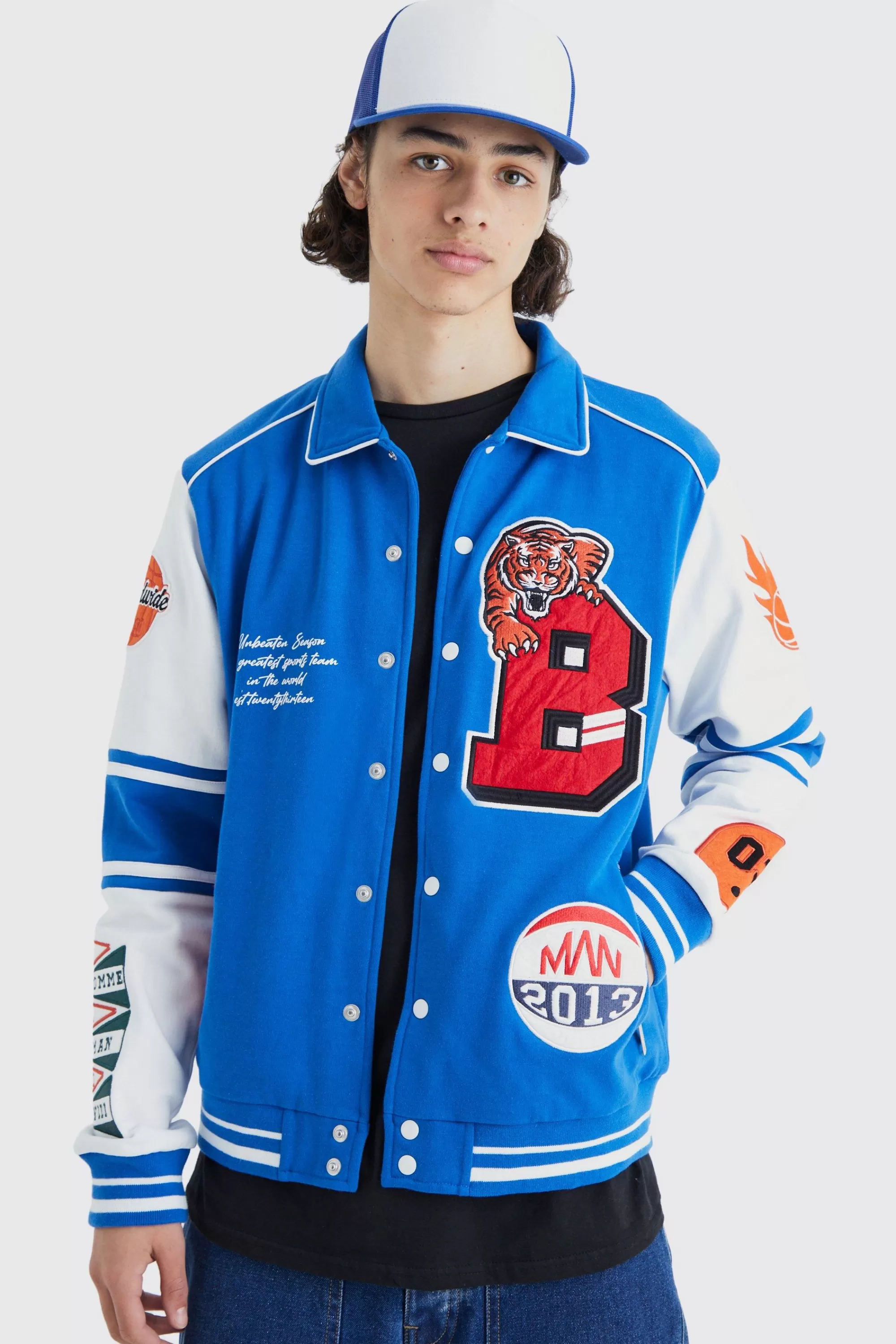 boohooMAN Jersey Harrington Varsity Jacket | UK