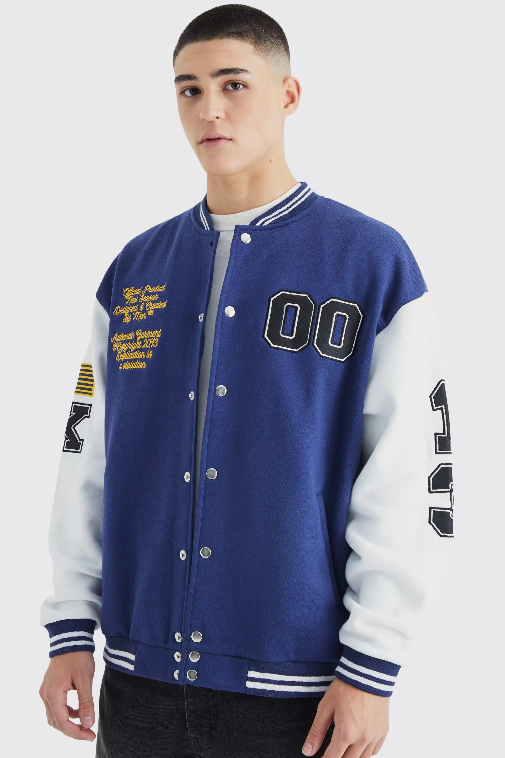 boohooMAN Jersey Varsity Bomber Jacket With Badges | UK