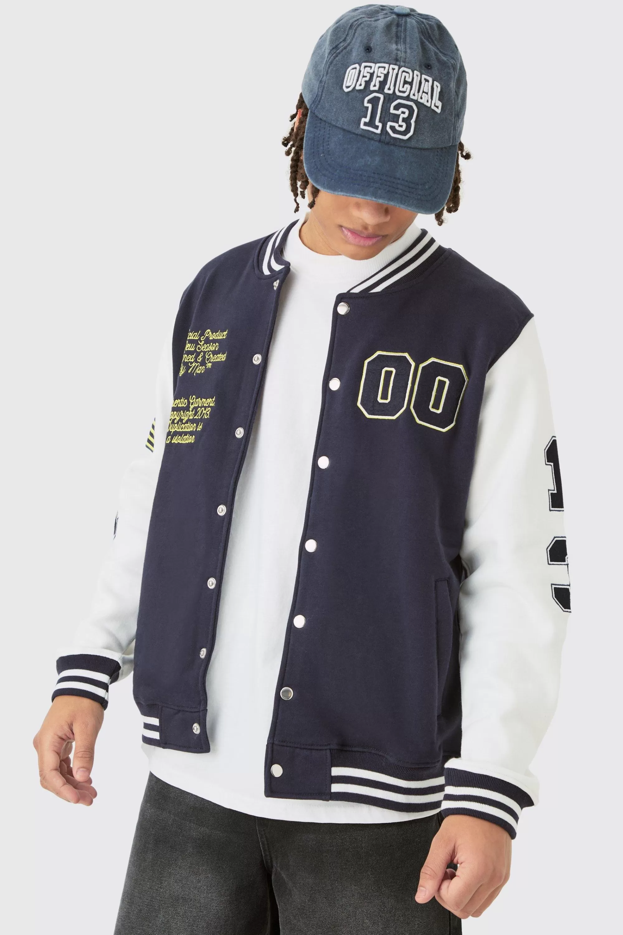 boohooMAN Jersey Varsity Bomber Jacket With Badges | UK