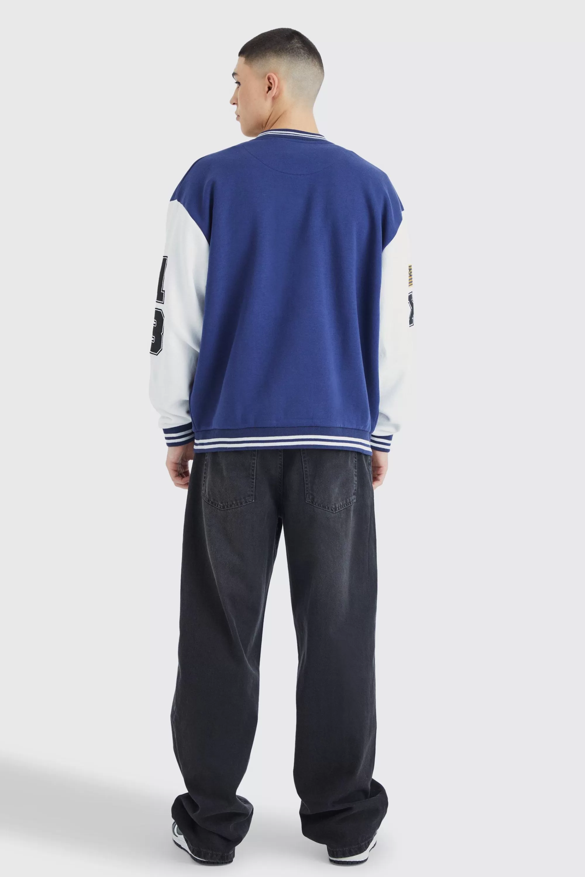 boohooMAN Jersey Varsity Bomber Jacket With Badges | UK