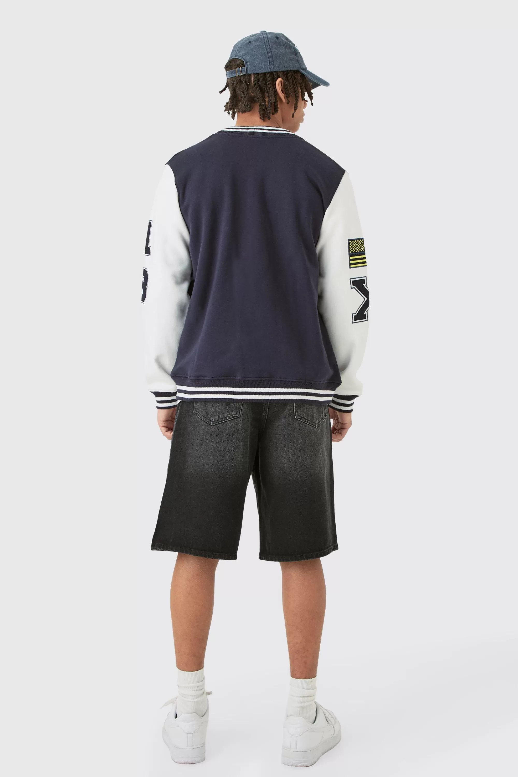 boohooMAN Jersey Varsity Bomber Jacket With Badges | UK
