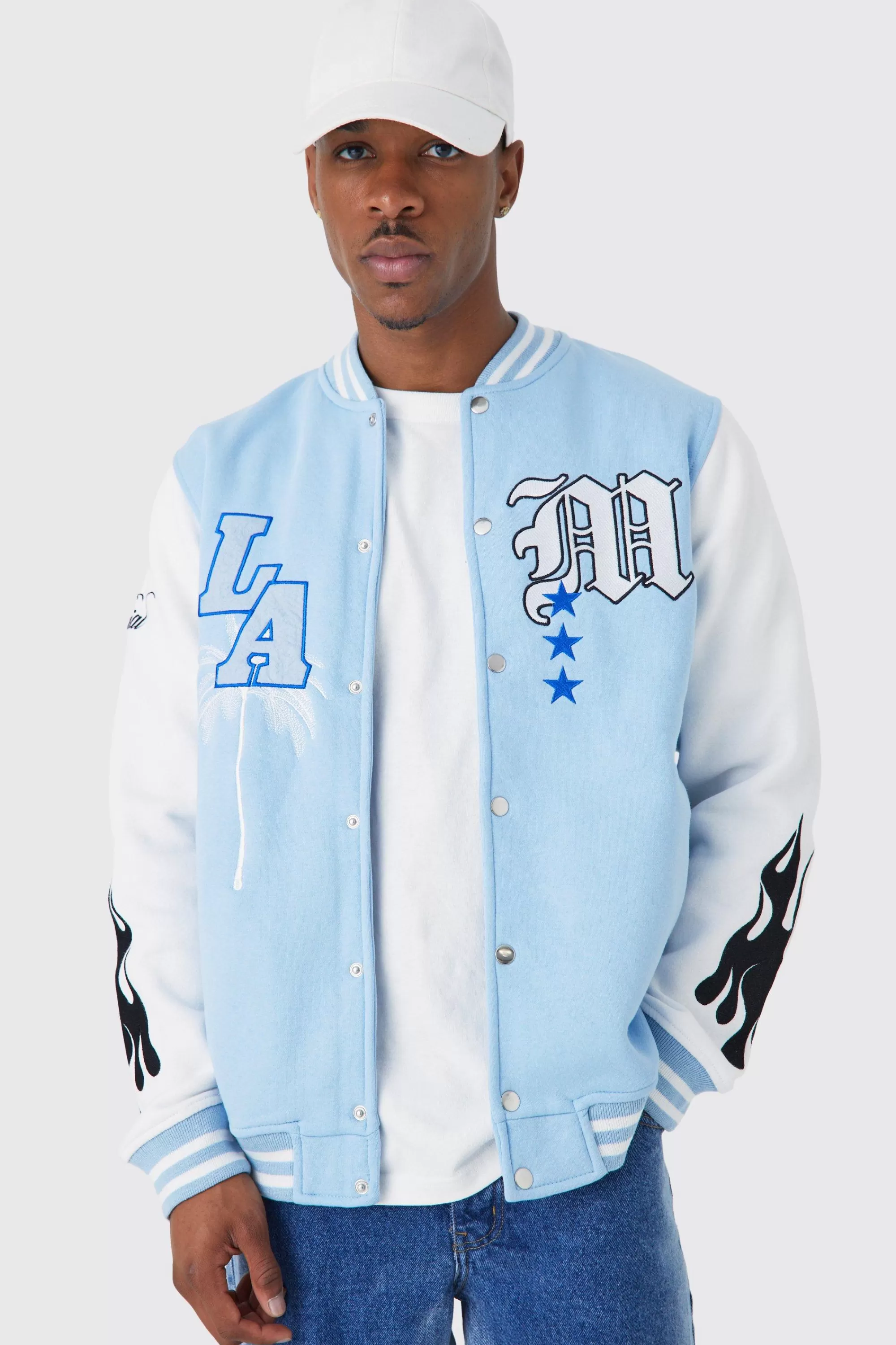 boohooMAN La Badge Jersey Varsity Bomber Jacket | UK