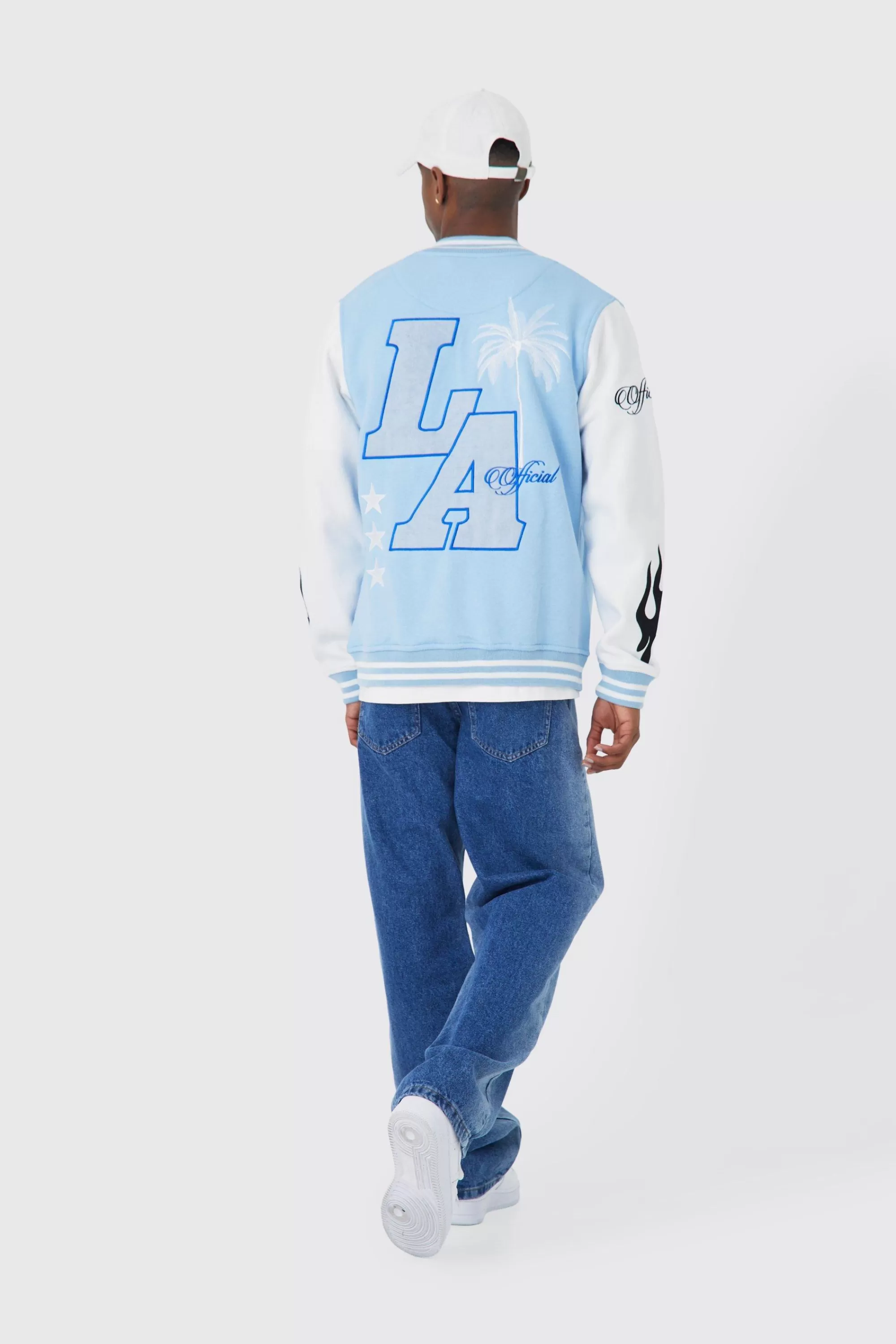 boohooMAN La Badge Jersey Varsity Bomber Jacket | UK