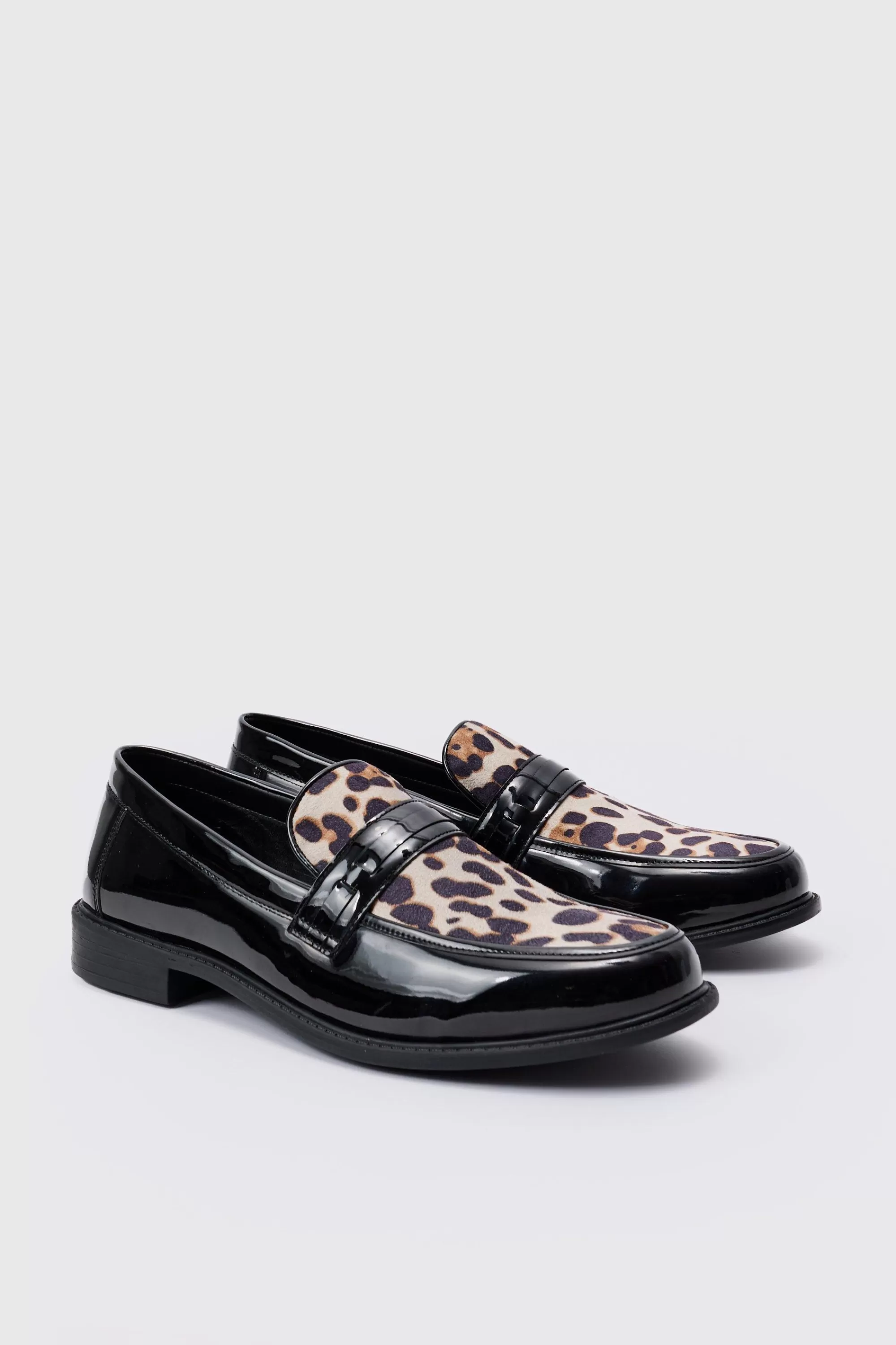 boohooMAN Leopard Patent PU Loafers | UK