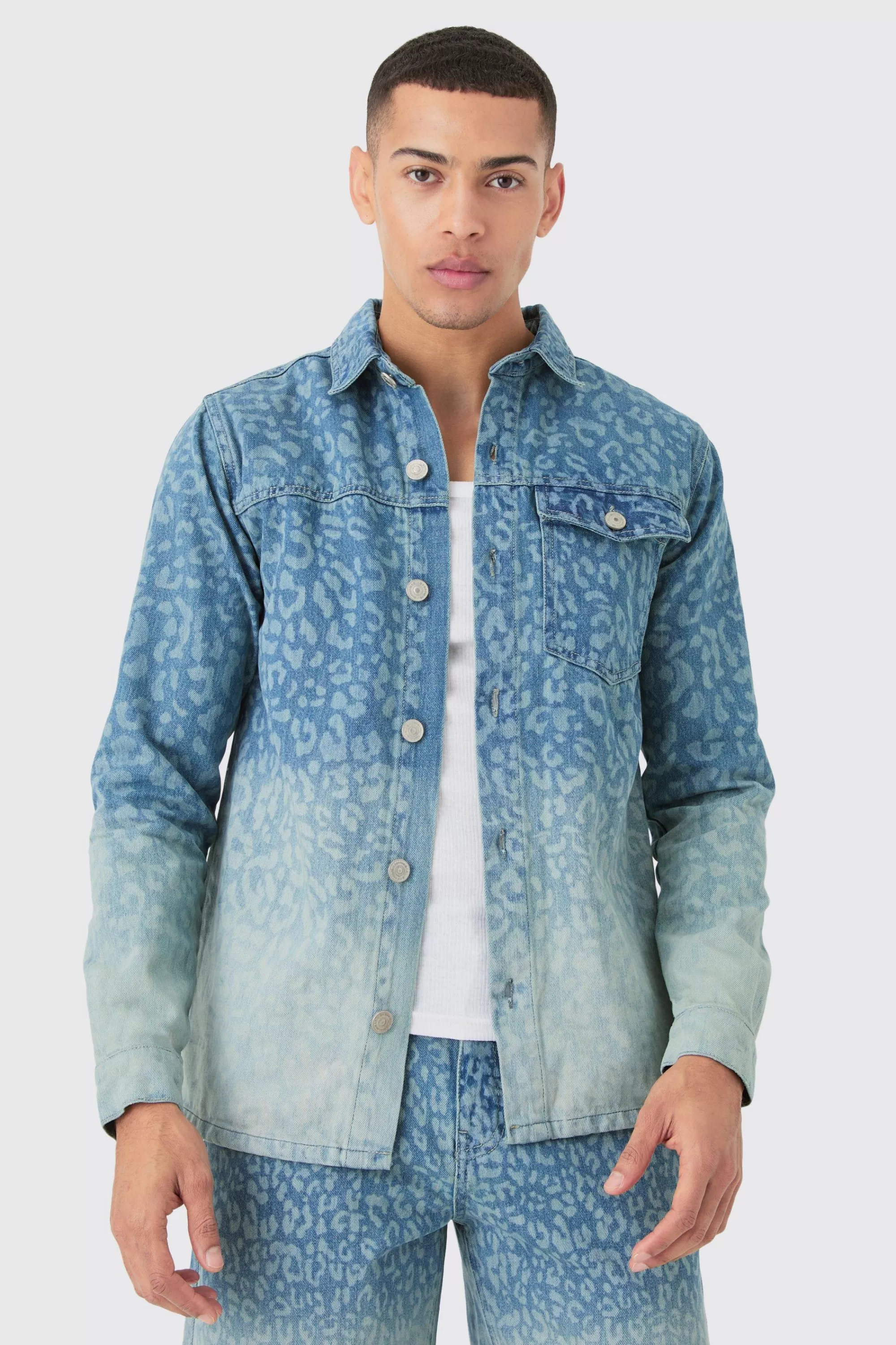 boohooMAN Leopard Print Denim Overshirt In | UK