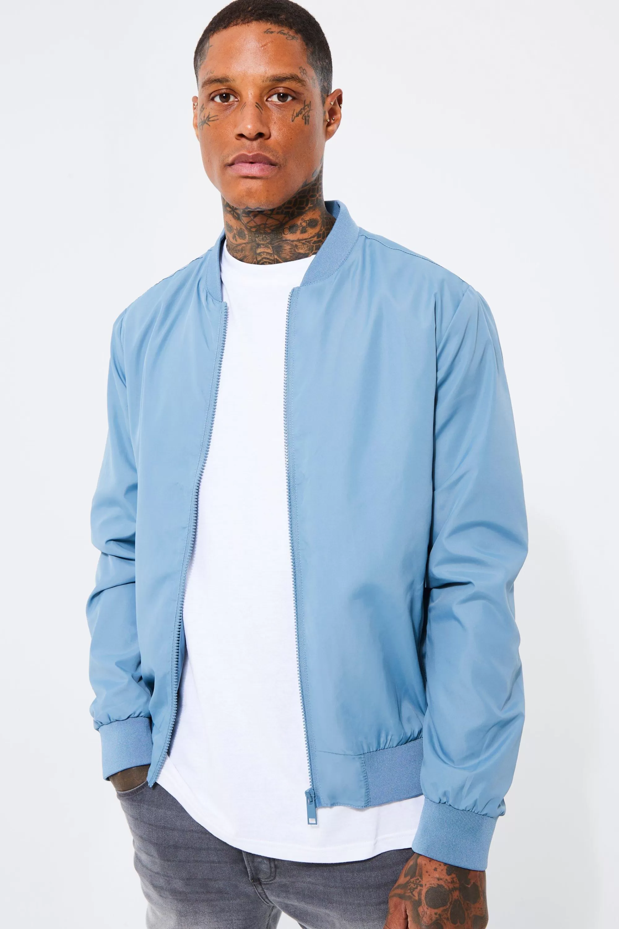 boohooMAN Lightweight Bomber Jacket In Blue | UK
