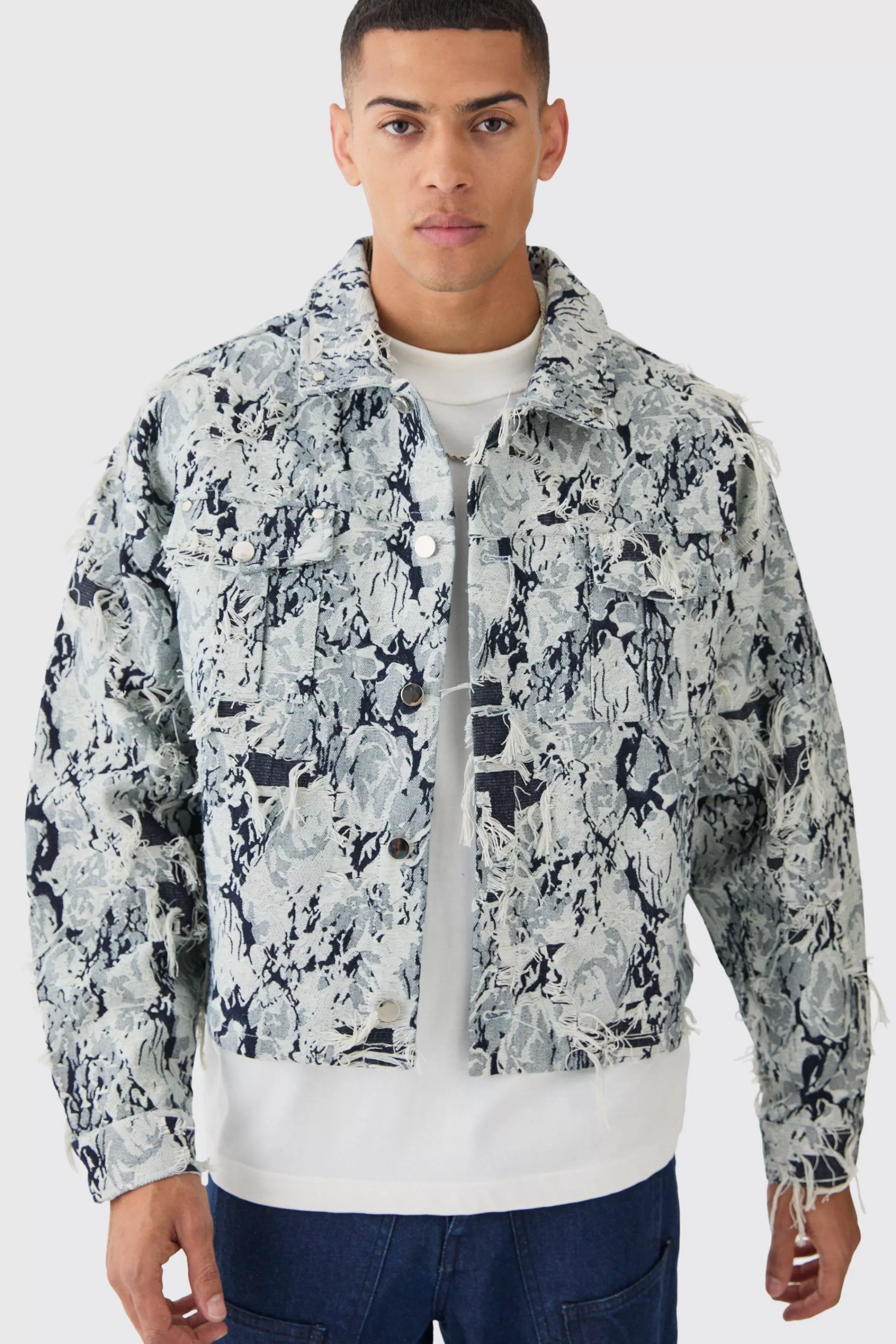 boohooMAN Lil Tjay Boxy Distressed Tapestry Denim Jacket | UK