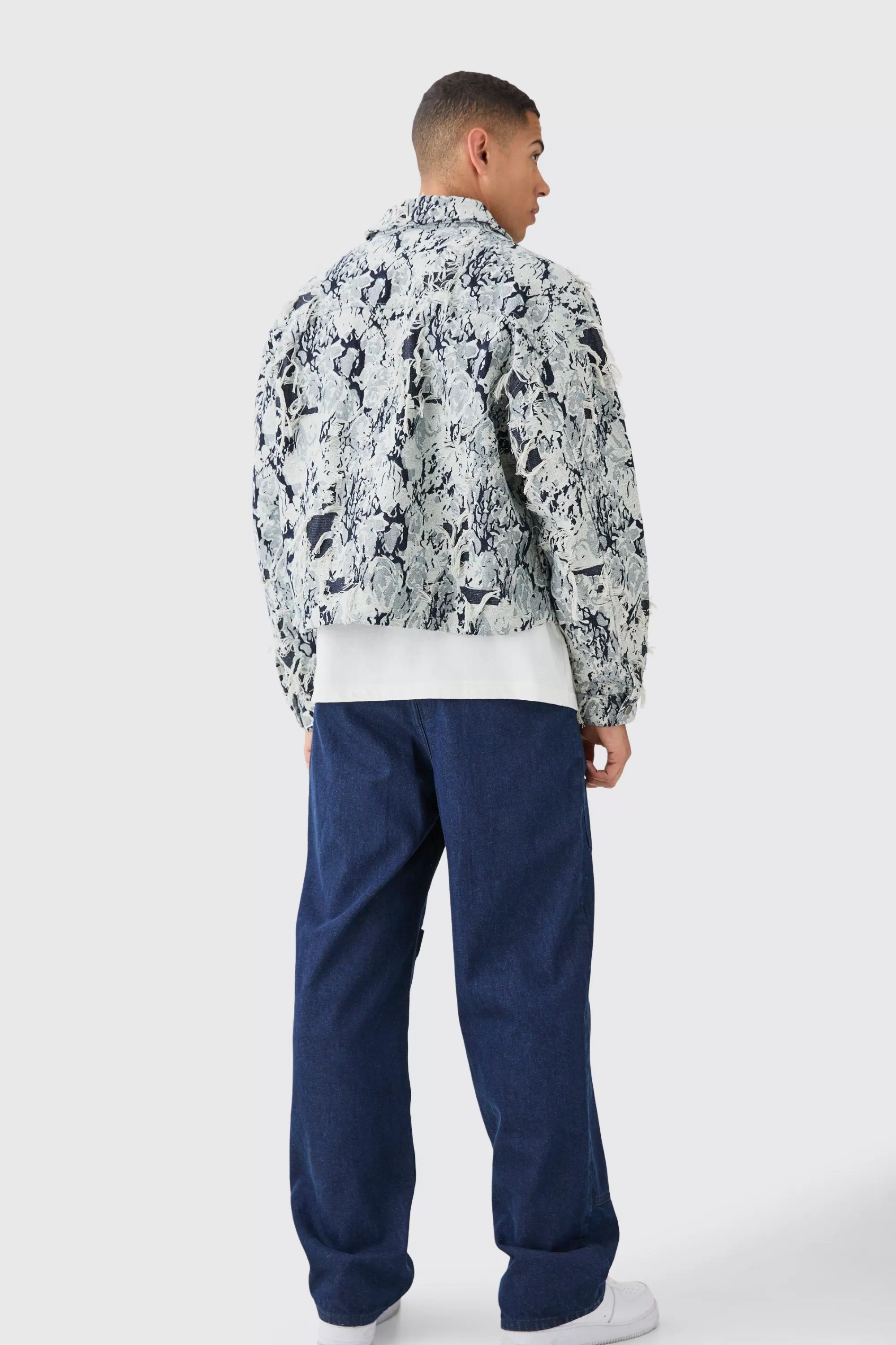 boohooMAN Lil Tjay Boxy Distressed Tapestry Denim Jacket | UK